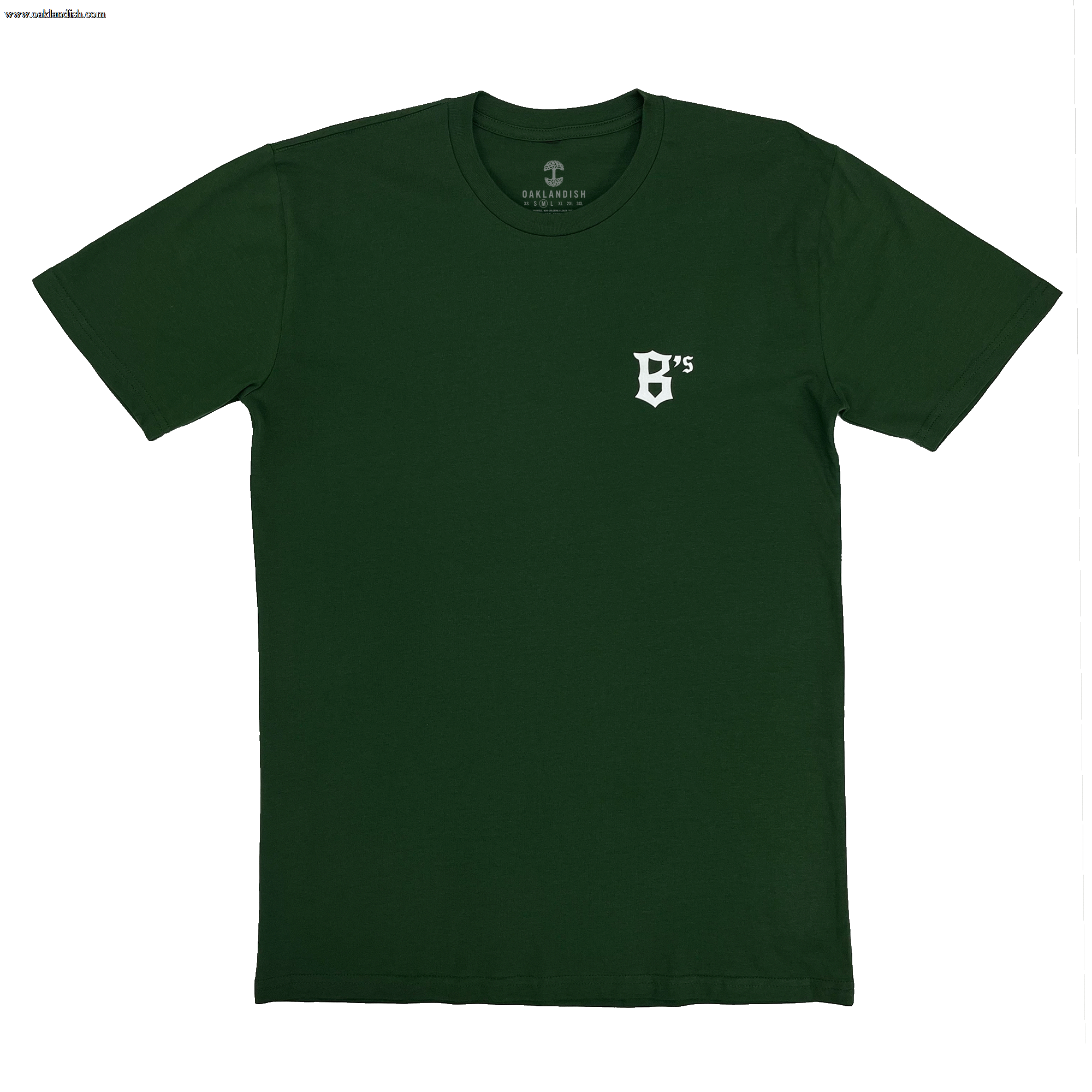 B's logo in white ink on forest tee.