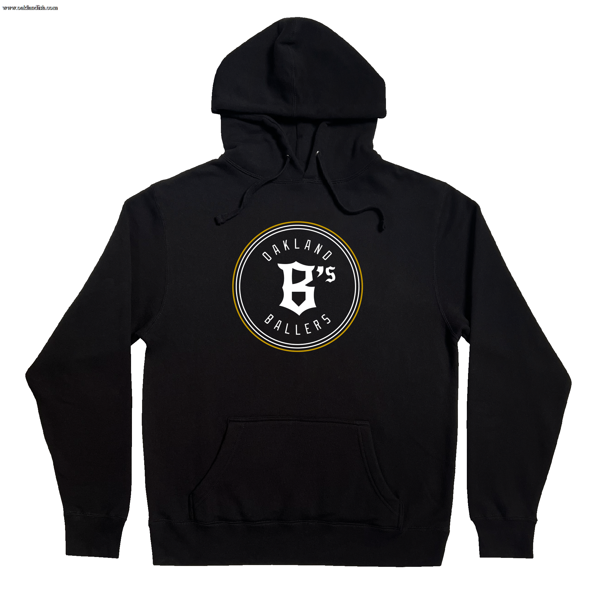 Front view of a black pullover hoodie sweatshirt with round white and gold Oakland Ballers logo and wordmark on the front chest.