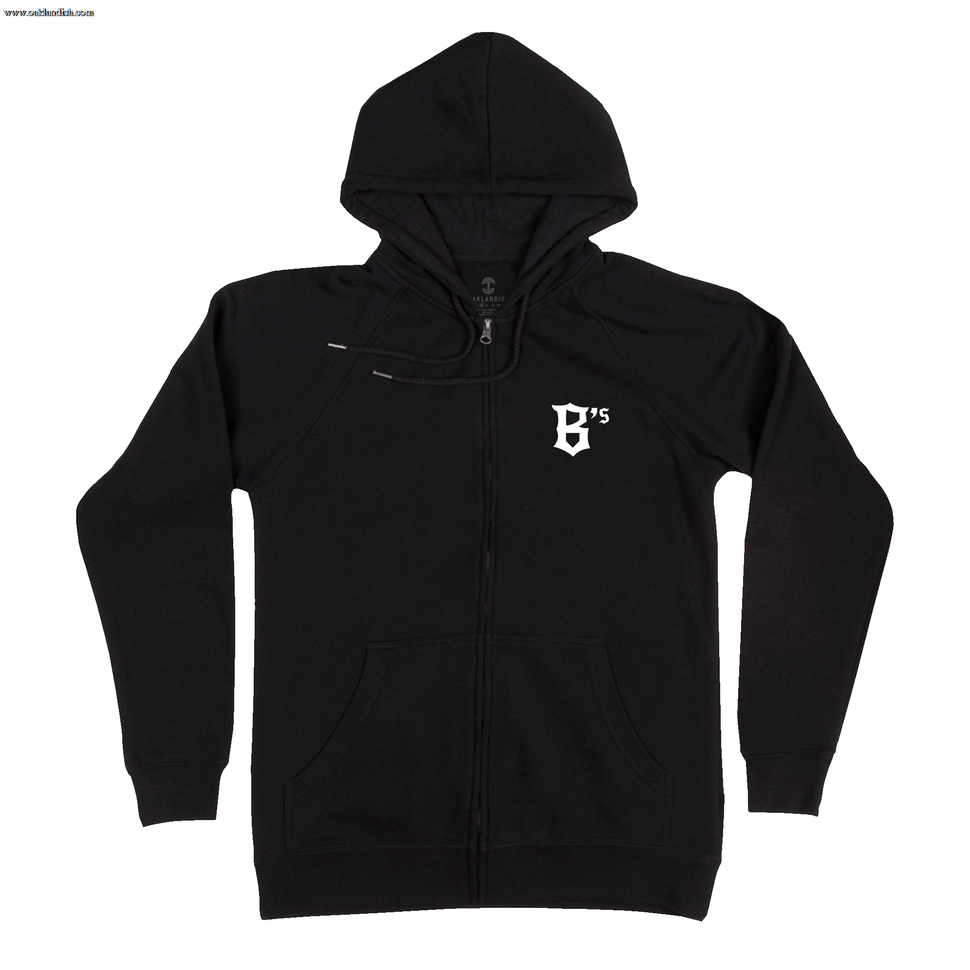 The Oakland Ballers Logo Zip is a black zip-up hoodie featuring front pockets, a drawstring hood, and a white stylized "B's" logo on the left chest, representing the Oakland Ballers baseball team. The background is plain white.