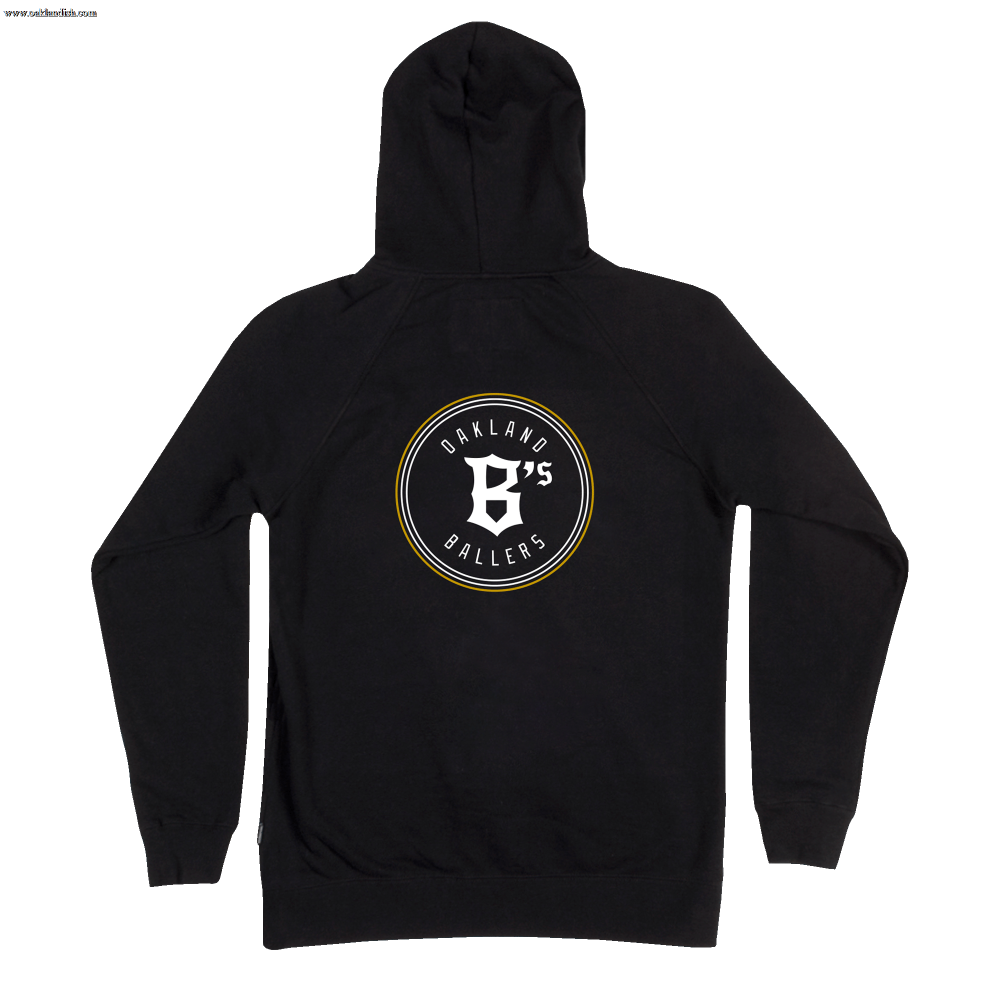 Introducing the Oakland Ballers Logo Zip by Oakland Ballers—a black hooded zip-up sweatshirt featuring a bold circular Oakland Ballers logo on the back, with "OAKLAND BALLERS" text encircling a stylized “B’s” in the center, all in striking white and gold lettering to celebrate Oakland’s newest Pioneer League baseball team.