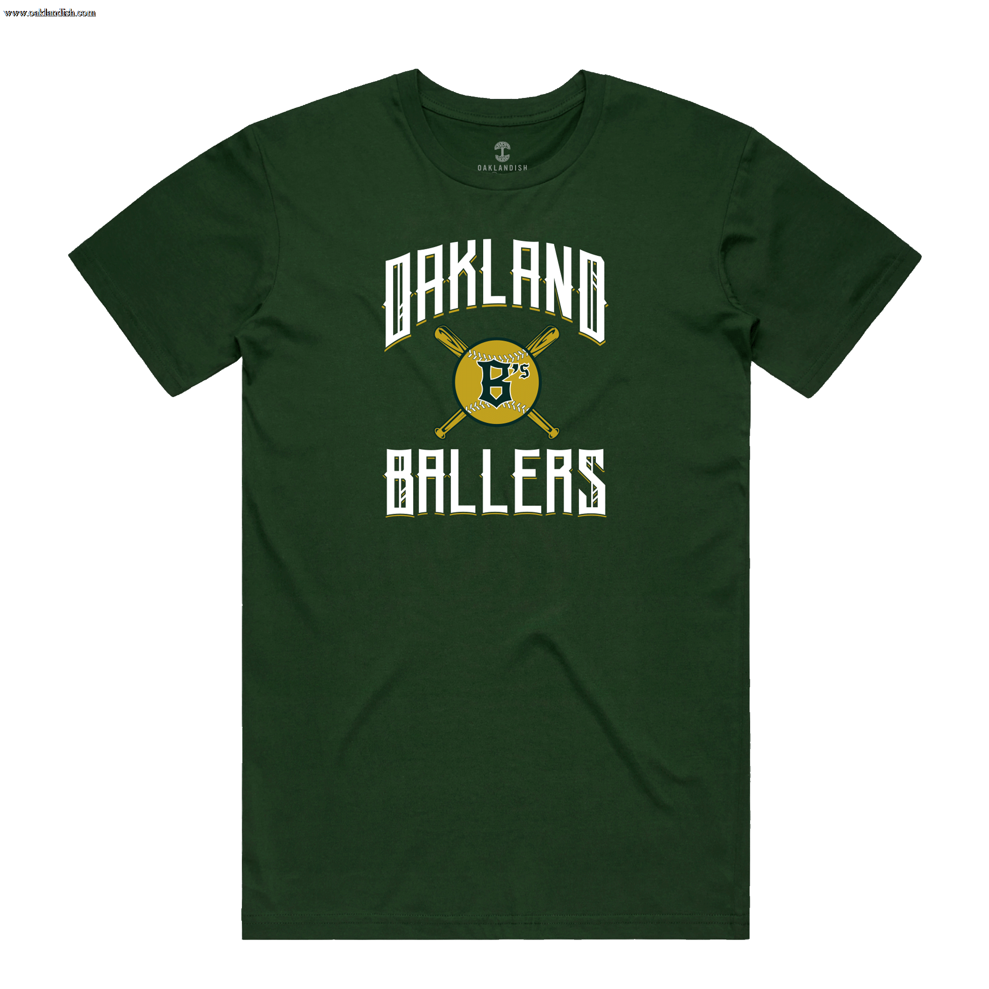 Front view of forest green t-shirt with Oakland B's Oakland Ballers logo on chest.