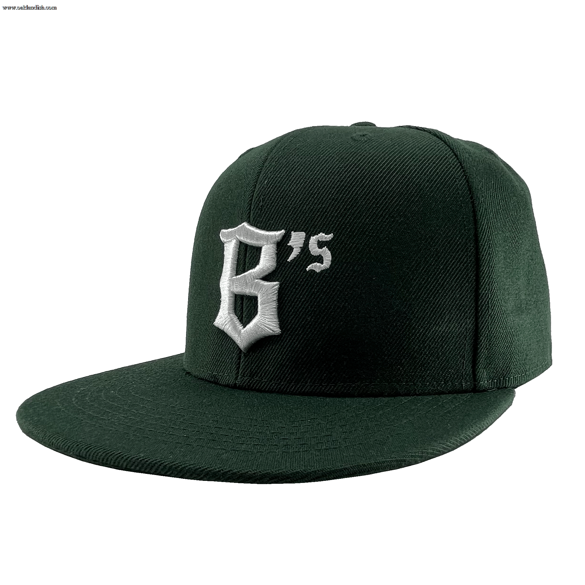 The Oakland Ballers Snapback by Oakland Ballers is a dark green cap with a flat brim, featuring a prominent white embroidered logo with the stylized text "B'5" on the front. Inspired by the professional baseball team, this cap boasts a smooth texture and simple design for a clean and modern look.