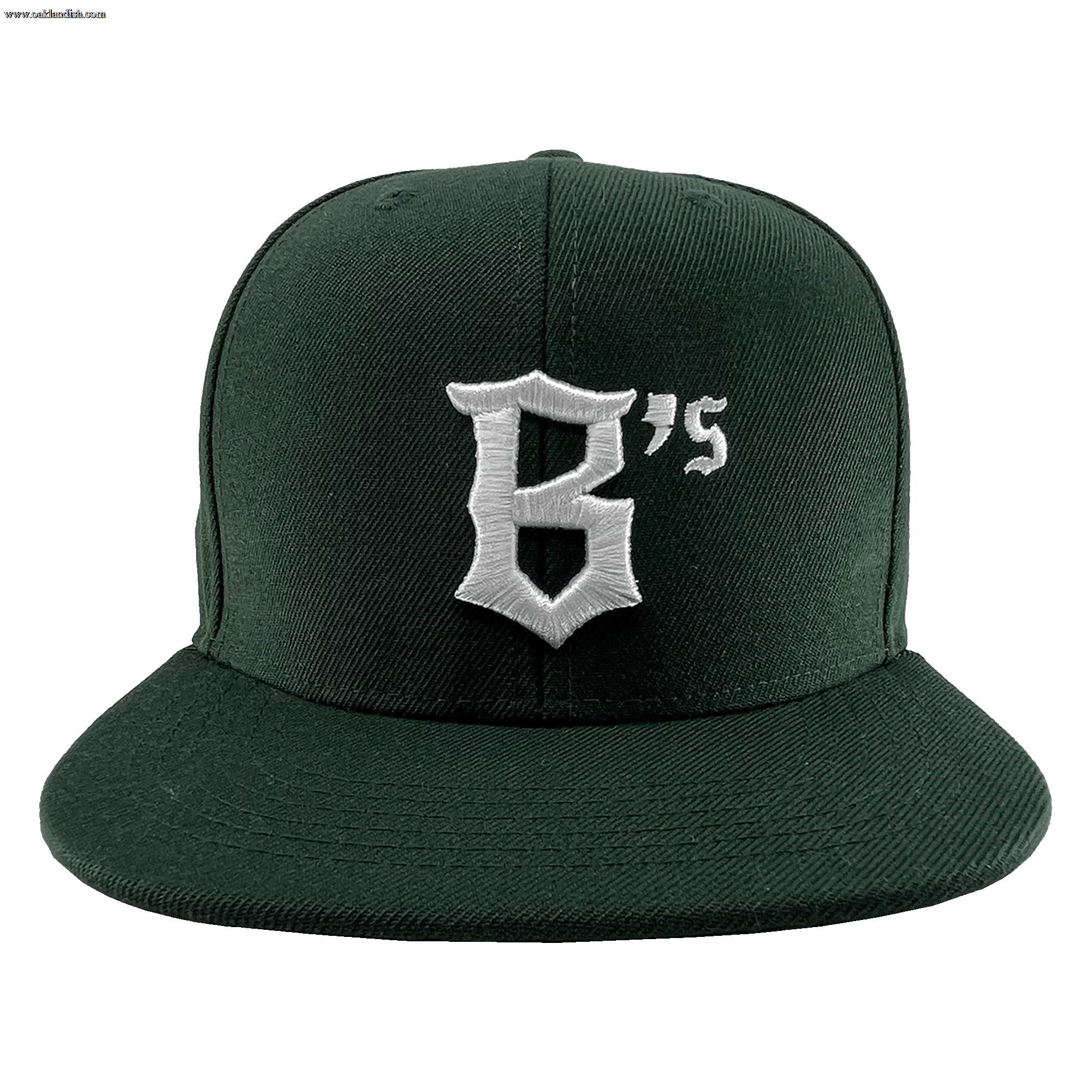 An Oakland Ballers Snapback in dark green with a flat-brim design, featuring a white embroidered logo that showcases a stylized "B" followed by an apostrophe and the number 5, forming "B's". Perfect for showing support for your favorite professional baseball team, the Oakland Ballers. The cap is displayed against a white background.