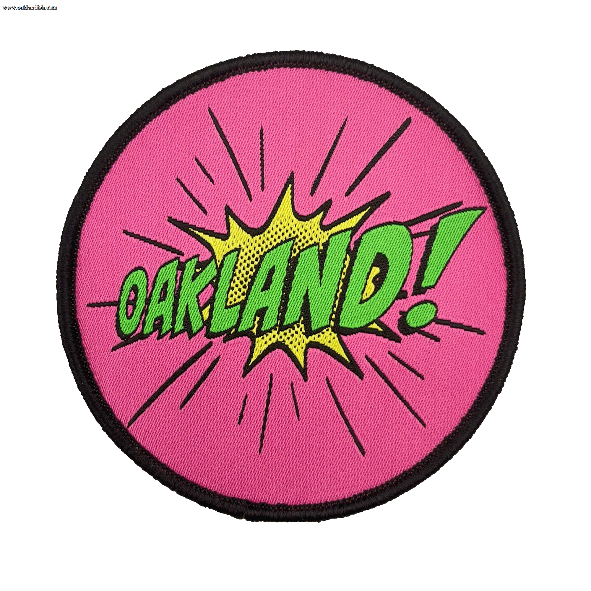 Embroidered iron-on patch with Oakland wordmark in comic cartoon punch style in pink, green and yellow.