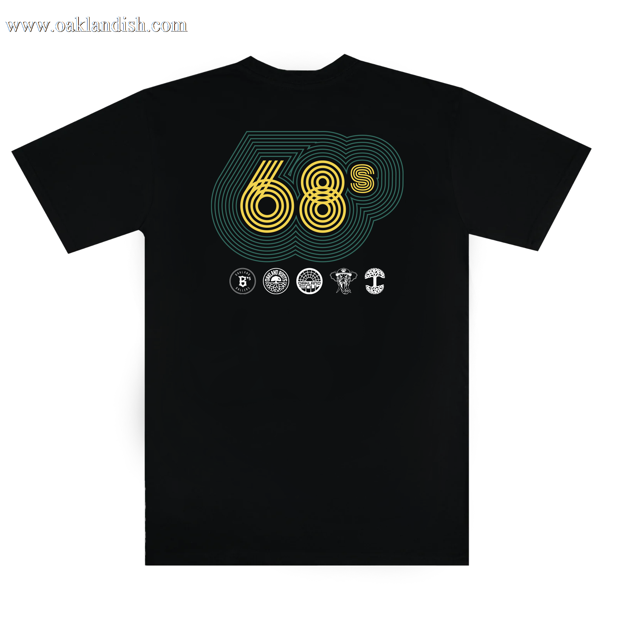The Oaklandish '68 Tee is a black shirt with large "68s" in stylized yellow and teal text, circled in teal. It features six detailed white logos inspired by sports culture, paying homage to Oakland's vibrant history and civil rights legacy.