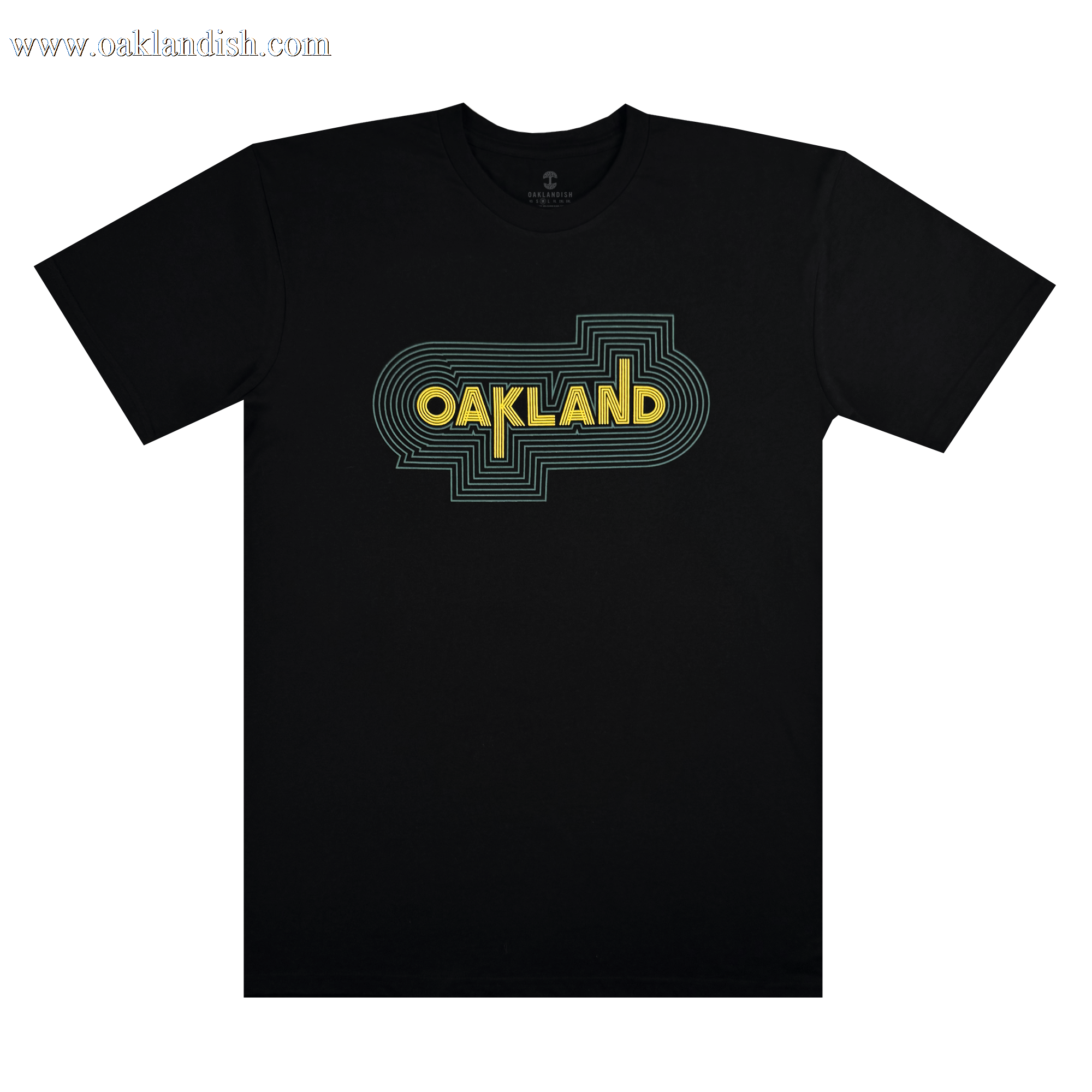 The Oaklandish "Oakland Sports Culture '68 Tee" is a black T-shirt with a yellow "Oakland" in stylized text reminiscent of the classic '68 sports era, framed by concentric blue-green lines forming a rounded rectangle on the chest.