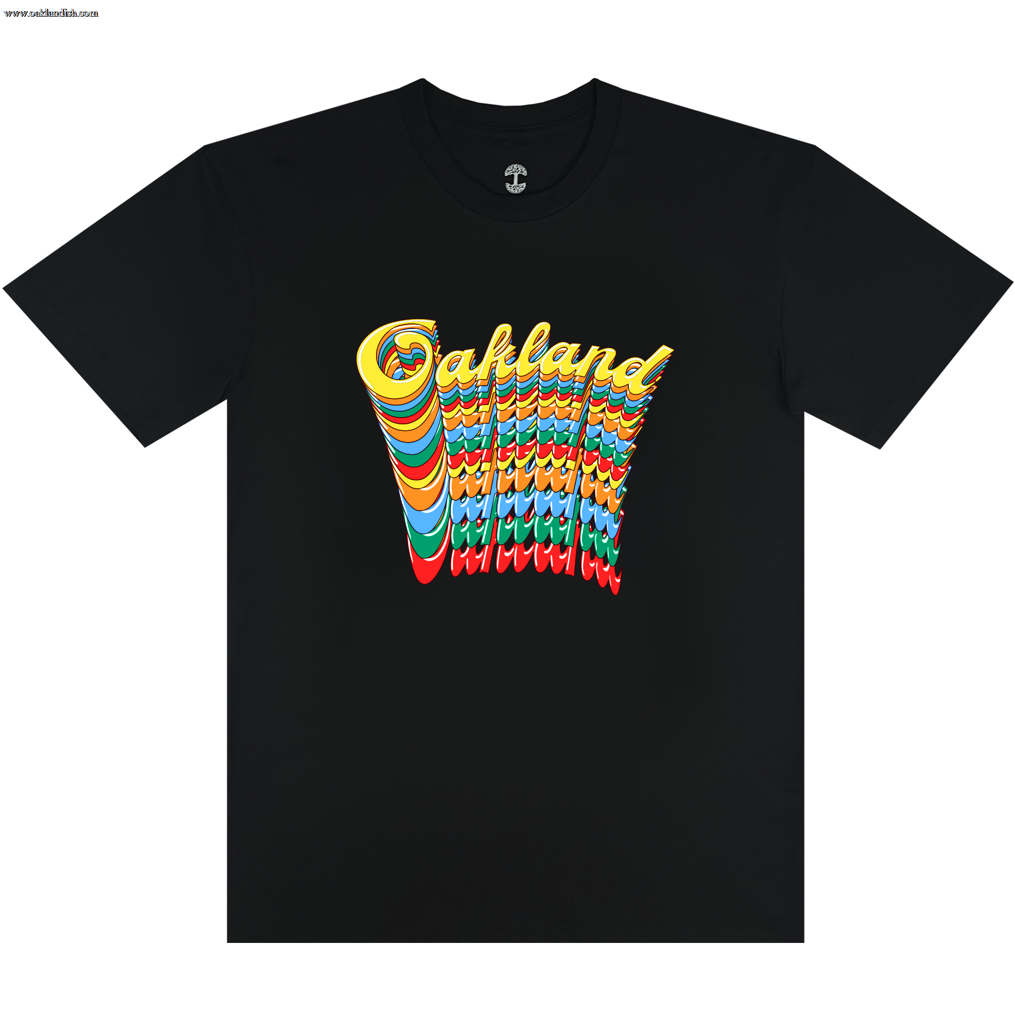 The Oakland Roots SC Funk Tee, a black T-shirt by the Oakland Roots SC brand, showcases "Oakland" in bold, retro-style, multi-colored text at the top. Below it, "Oakland Roots Athletics" is repeated multiple times in a cascading 3D effect with vibrant shades of yellow, blue, red, and green.