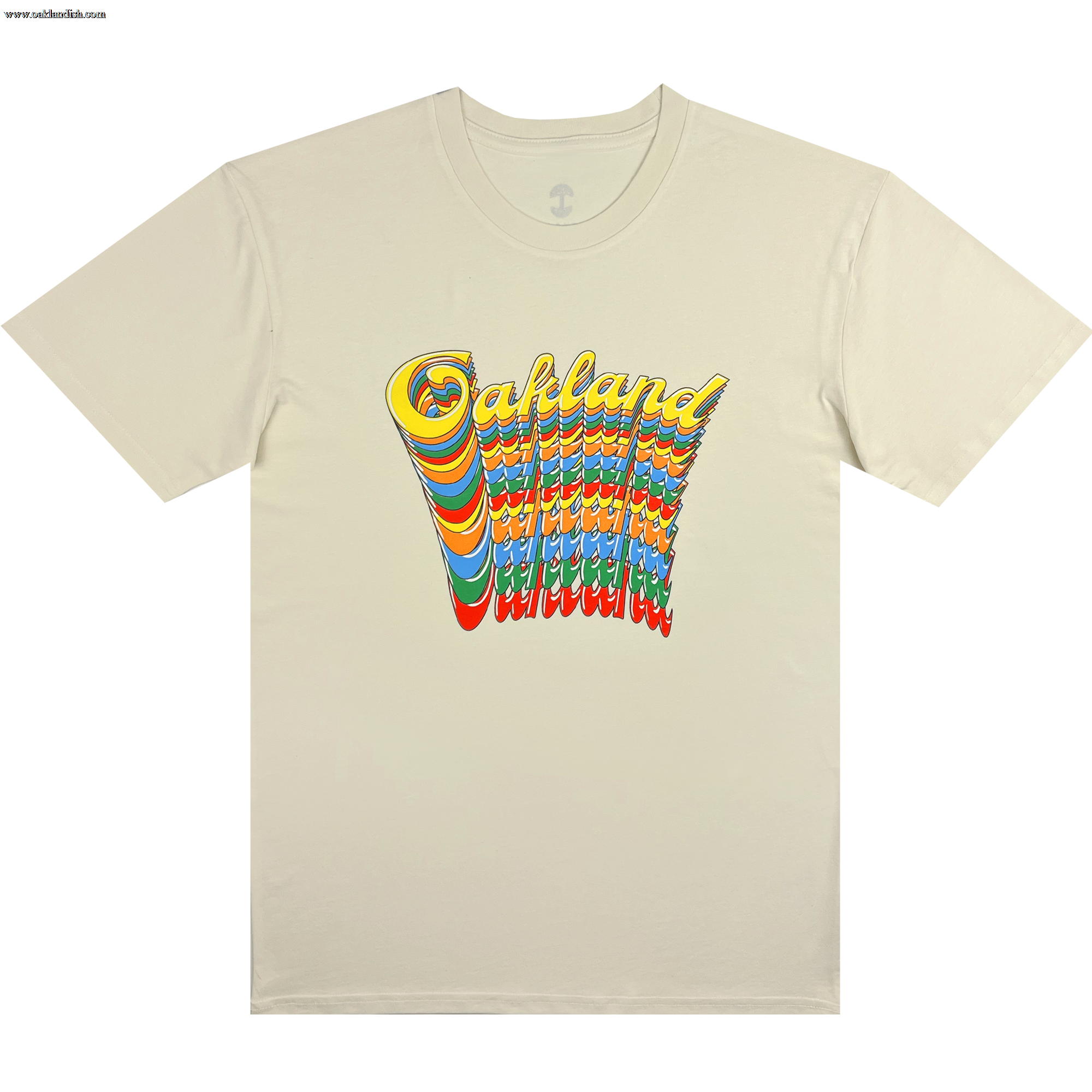The Oakland Roots SC Funk Tee by Oakland Roots SC is a light beige T-shirt adorned with a dynamic, wavy text graphic at the center. The design showcases the word "Oakland" at the top in prominent, bold yellow letters outlined in red. Below, a cascade of multicolored stripes in red, green, blue, and orange descends to form a vibrant pattern inspired by the Oakland Roots Sports Club.