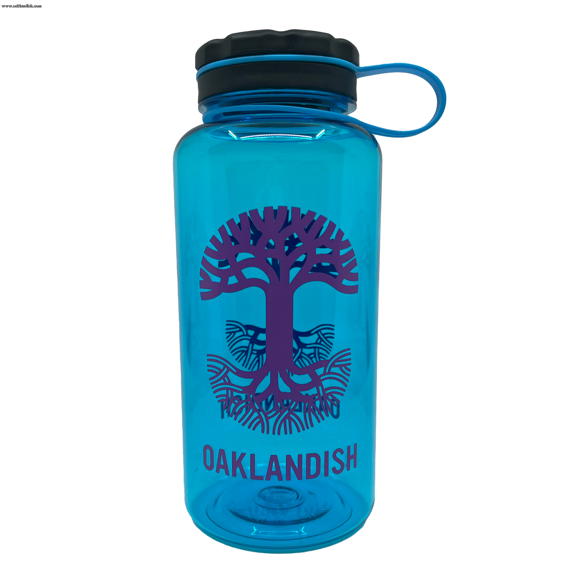 The Oaklandish Swig Bottle is a stylish blue reusable water bottle featuring a black screw cap and a blue loop handle. This BPA-free drinkware is adorned with a purple graphic of an intricately rooted tree and branches, accompanied by the word "OAKLANDISH" in matching purple text below the design, ensuring fashionable hydration on the go.