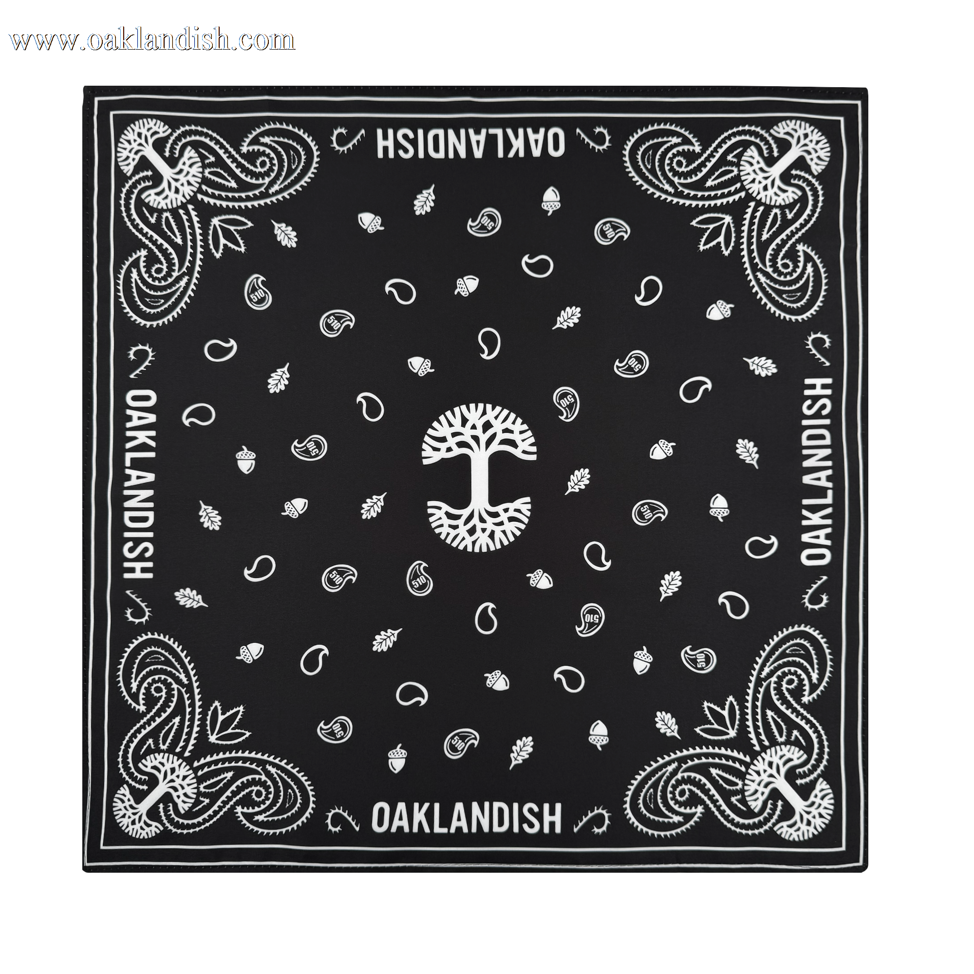 The Oaklandish Bandana by Oaklandish is a black and white polyester accessory featuring a central white tree, acorns, leaves, paisley details, and bold "OAKLANDISH" text along the edges—a stylish standout piece.