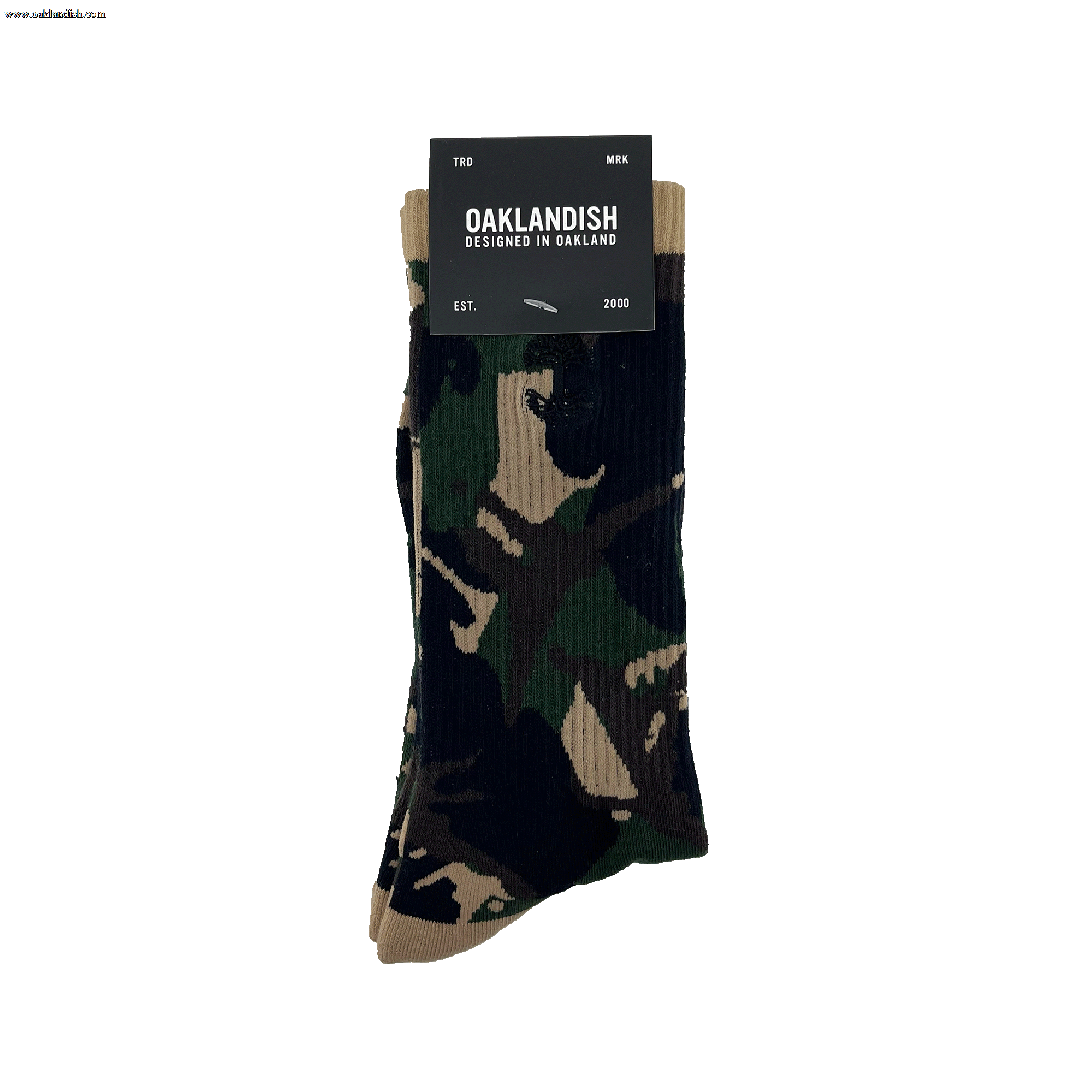 Pair folded camo crew socks in Oaklandish packaging with an embroidered black Oaklandish tree logo on the side.