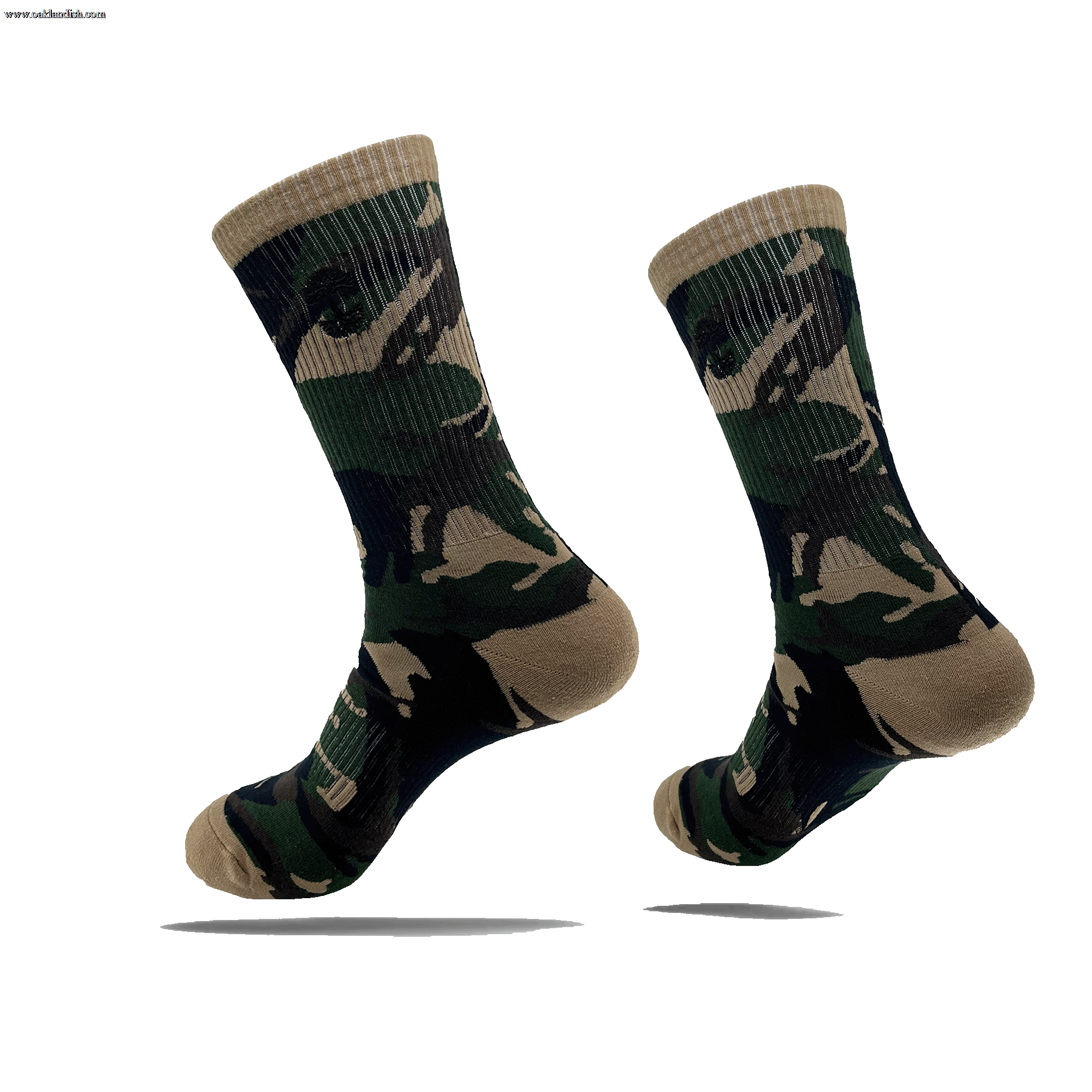 Side view of camo crew socks with a small black Oaklandish tree logo on the side calves.