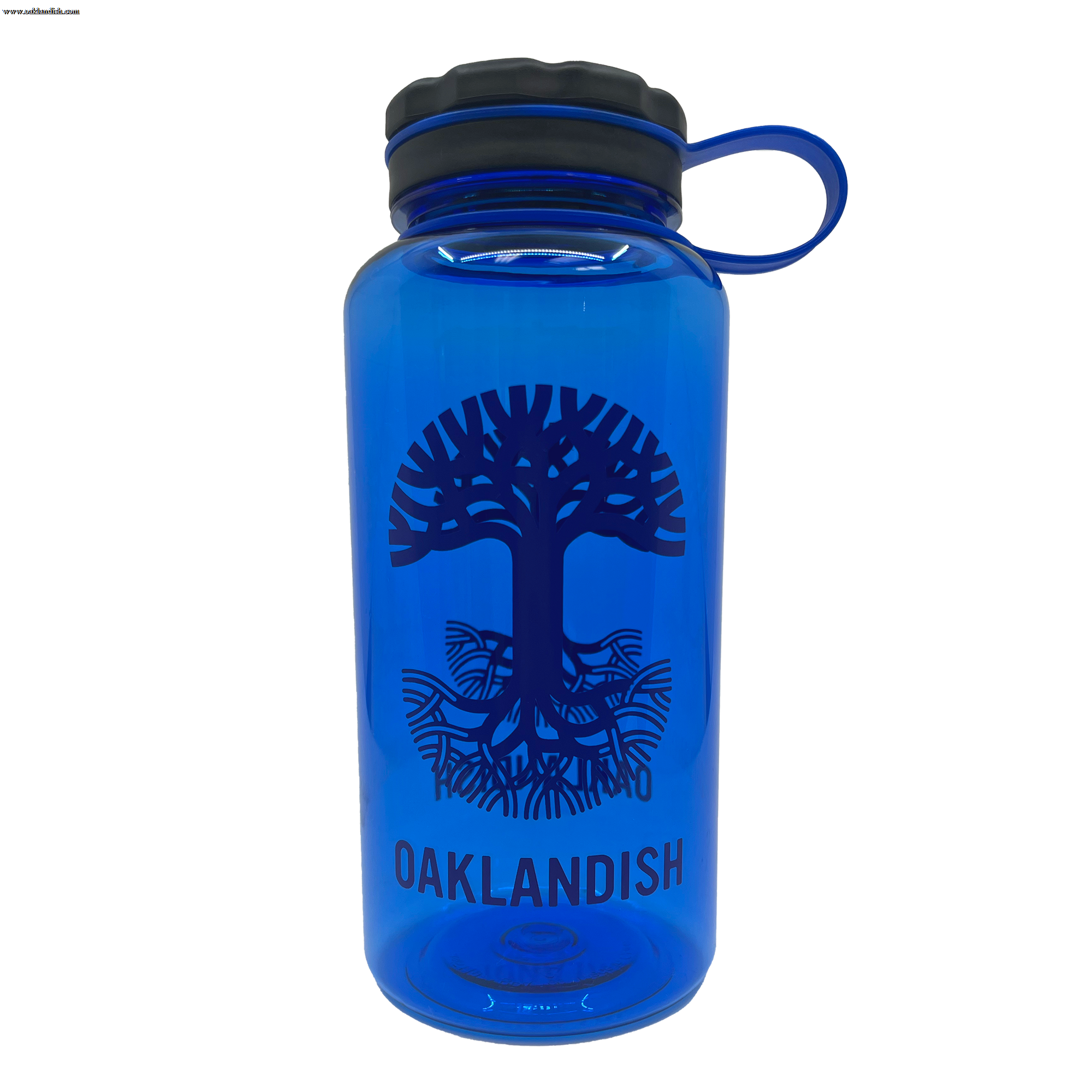 Wide mouth, screw top 32oz Nalgene water bottle with Oaklandish Logo in royal blue.