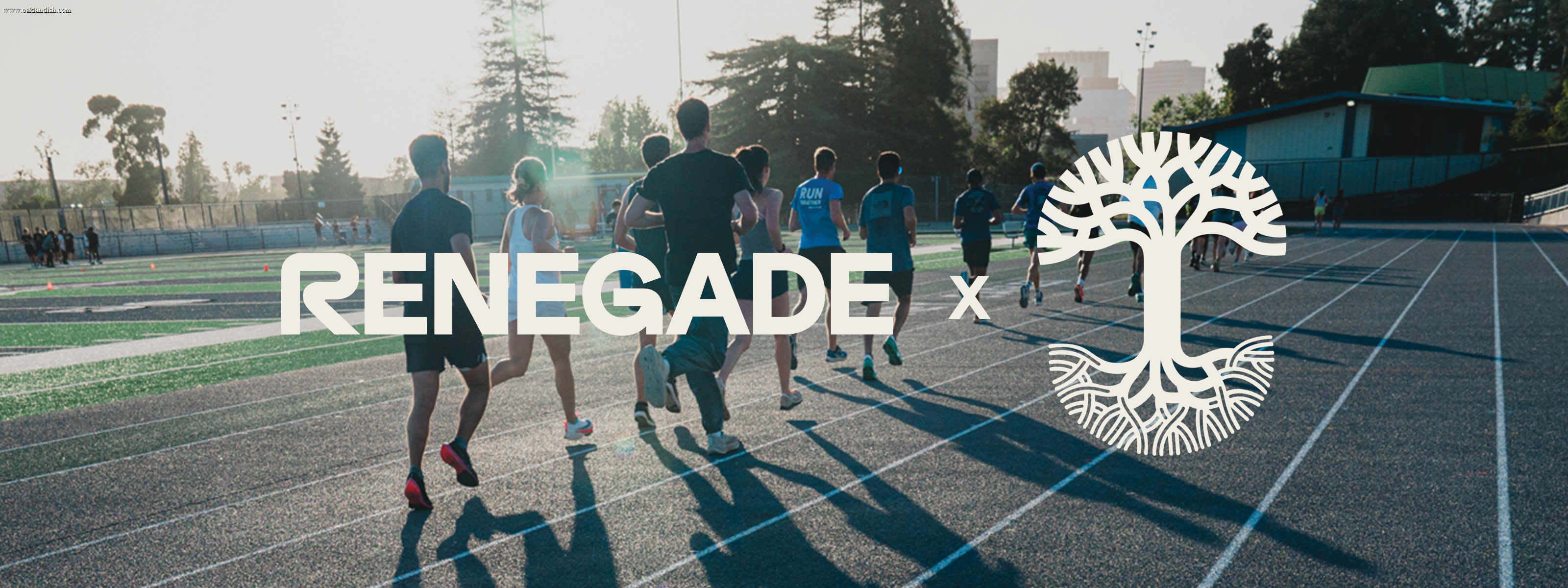 A group of people run on a track at sunset. The word "RENEGADE" and a stylized white tree logo are overlaid on the image. Trees and buildings appear in the background.
