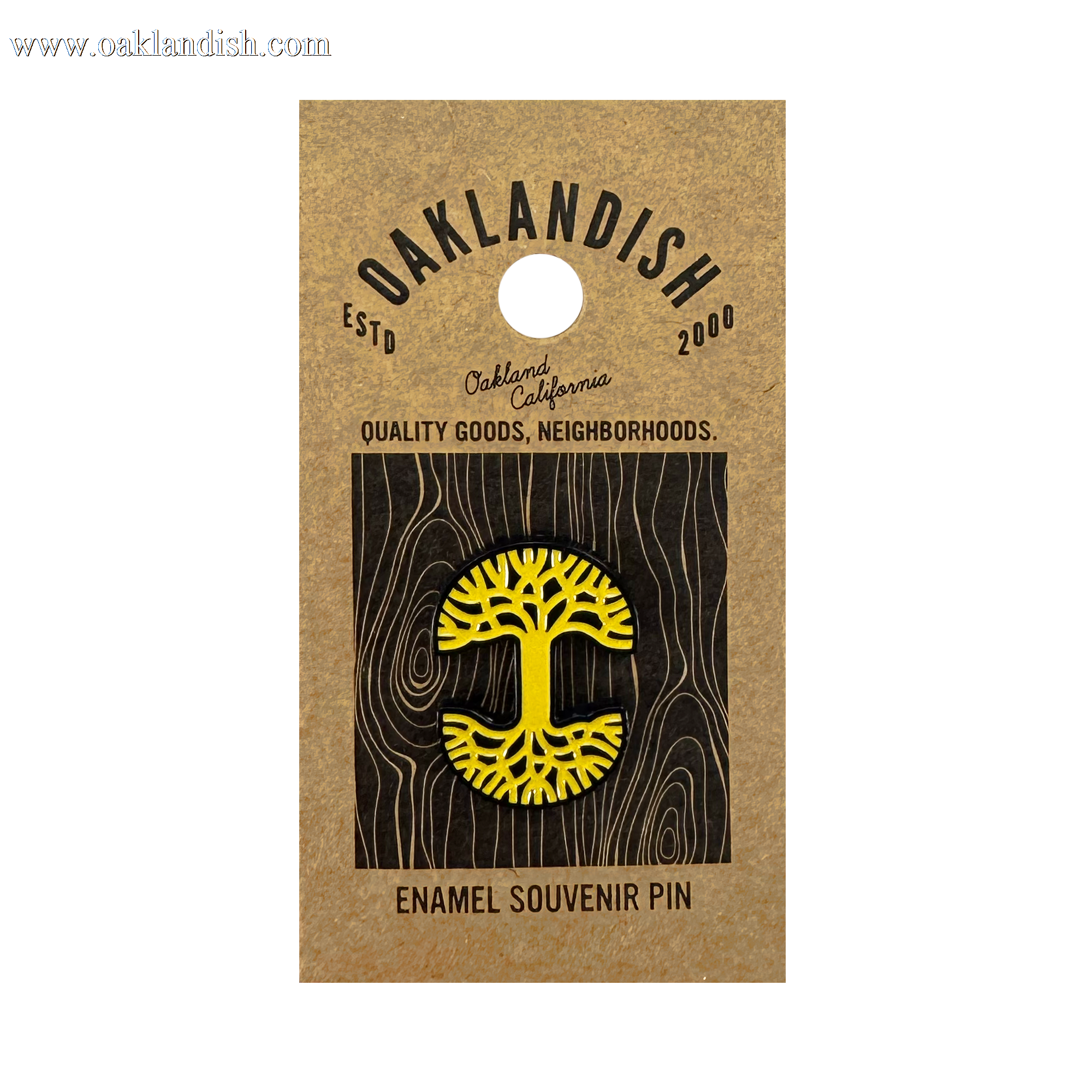 The Oaklandish Logo Enamel Pin is a yellow tree-shaped accessory with black details, attached to a brown card reading "Oaklandish ESTD 2000, Oakland California, Quality Goods, Neighborhoods. Enamel Souvenir Pin.
