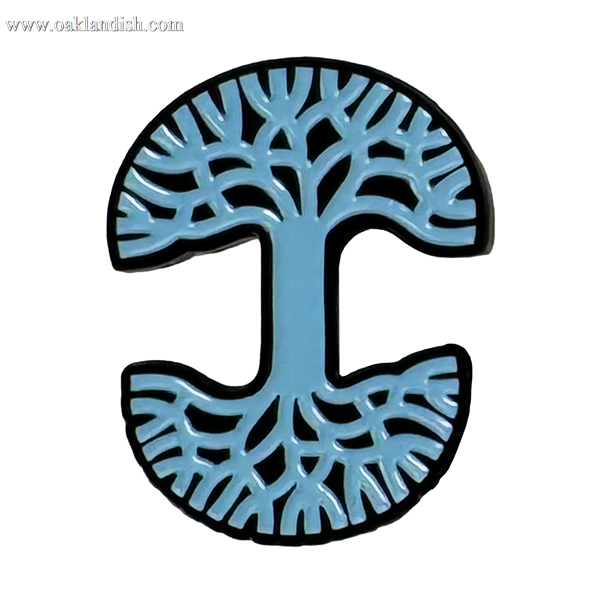 The Oaklandish Logo Enamel Pin by Oaklandish features a stylized blue tree shaped like a capital "I," with mirrored branches and a thick trunk, outlined in black on white—making it the perfect accessory.