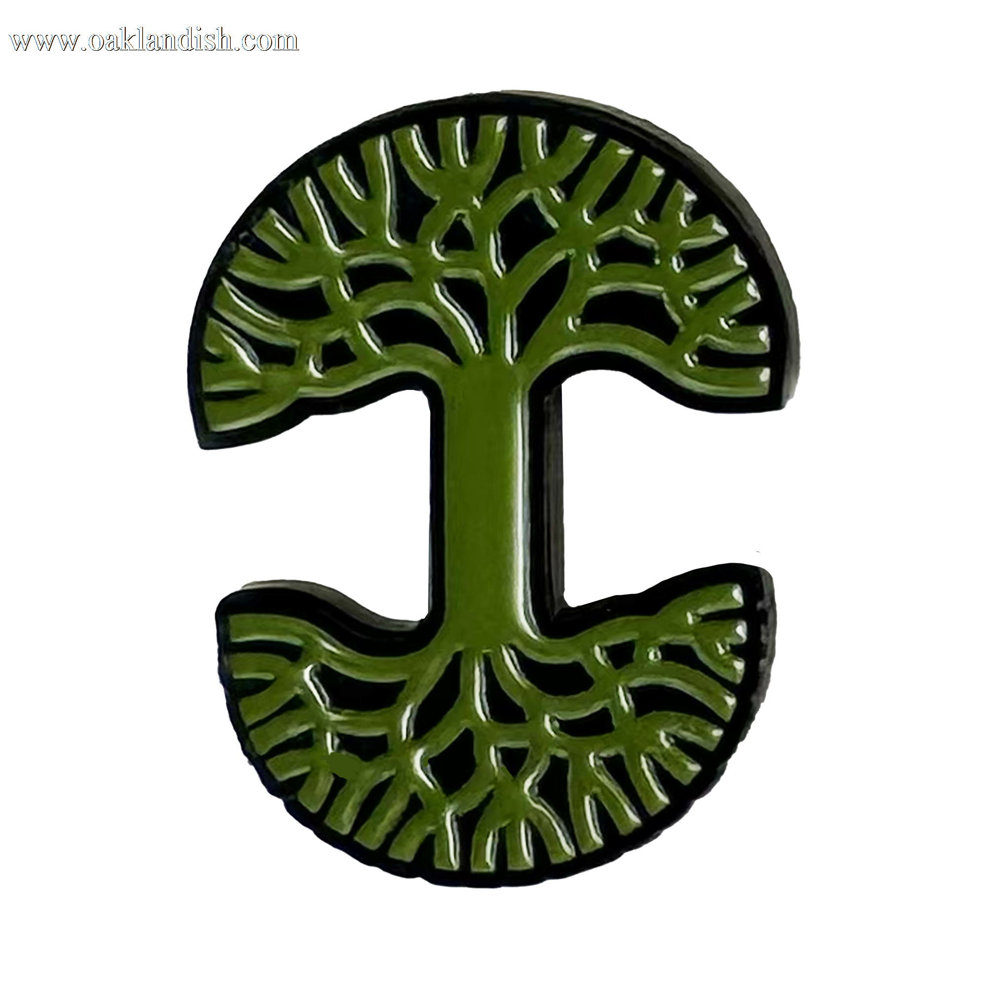 The Oaklandish Logo Enamel Pin by Oaklandish features a green tree with symmetrical branches and roots forming an "I" inside a circle, set against a white background—perfect for lapels or adding to your green accessories.