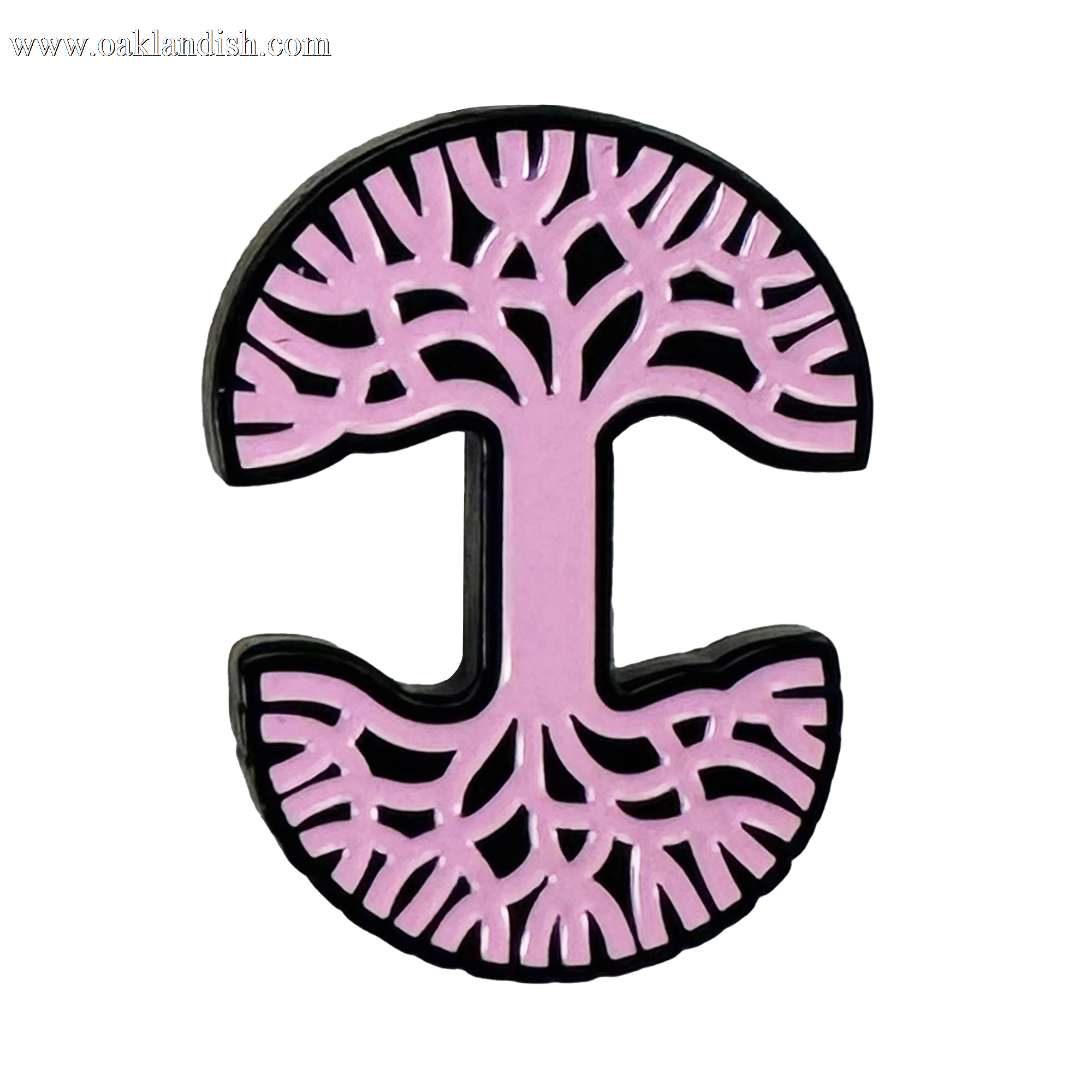 The Oaklandish Logo Enamel Pin by Oaklandish features a bold, curved, capital “I” shape in light pink with black outlines. Its top half forms tree branches and the bottom roots, both with cutout patterns on a white background.