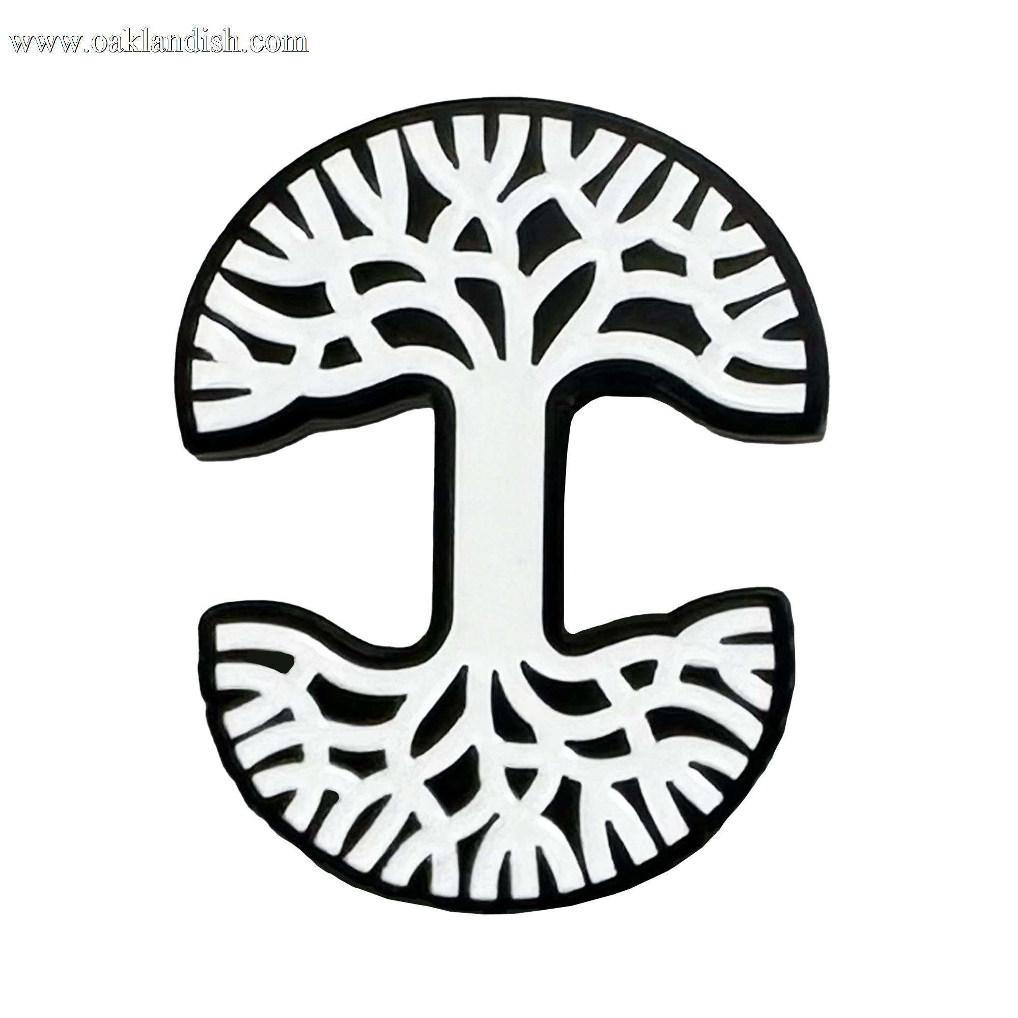 The Oaklandish Logo Enamel Pin by Oaklandish features a black and white design with a stylized "I" as the tree trunk, branching into circular canopies—an intricate, striking accessory perfect for any pin collection.