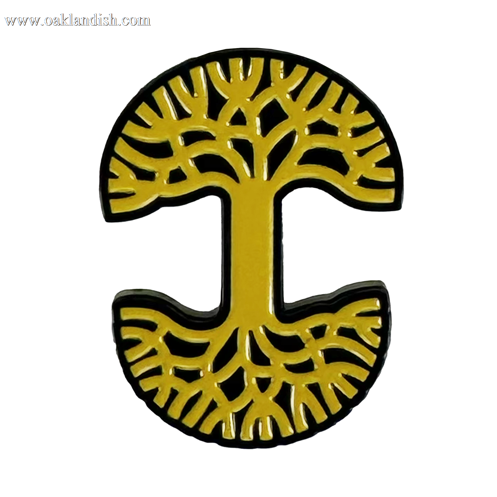The Oaklandish Logo Enamel Pin by Oaklandish features a symmetrical gold tree forming a capital "I" on white—an elegant accessory to elevate your collection.