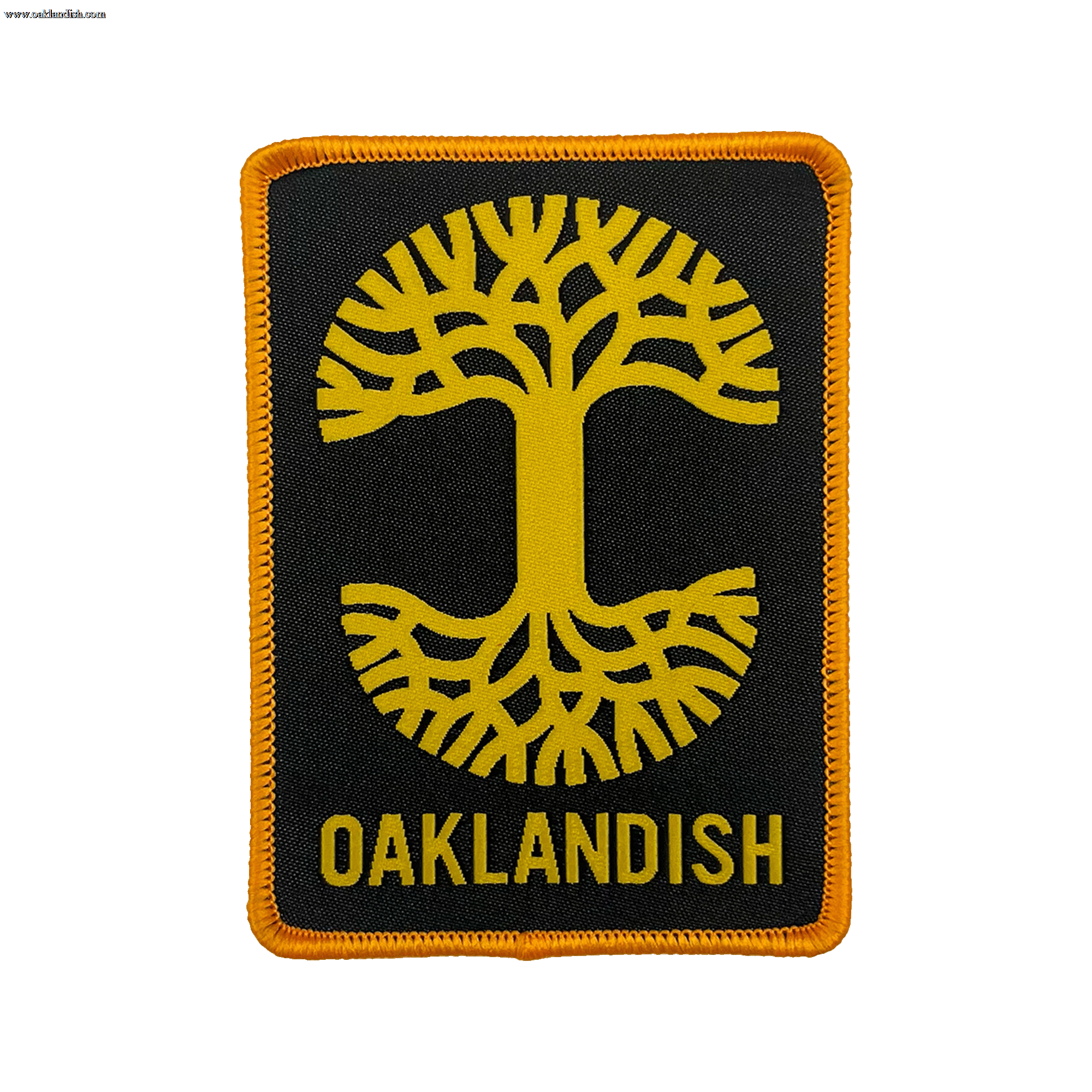 Black woven iron-on patch with gold Oaklandish tree logo and wordmark.