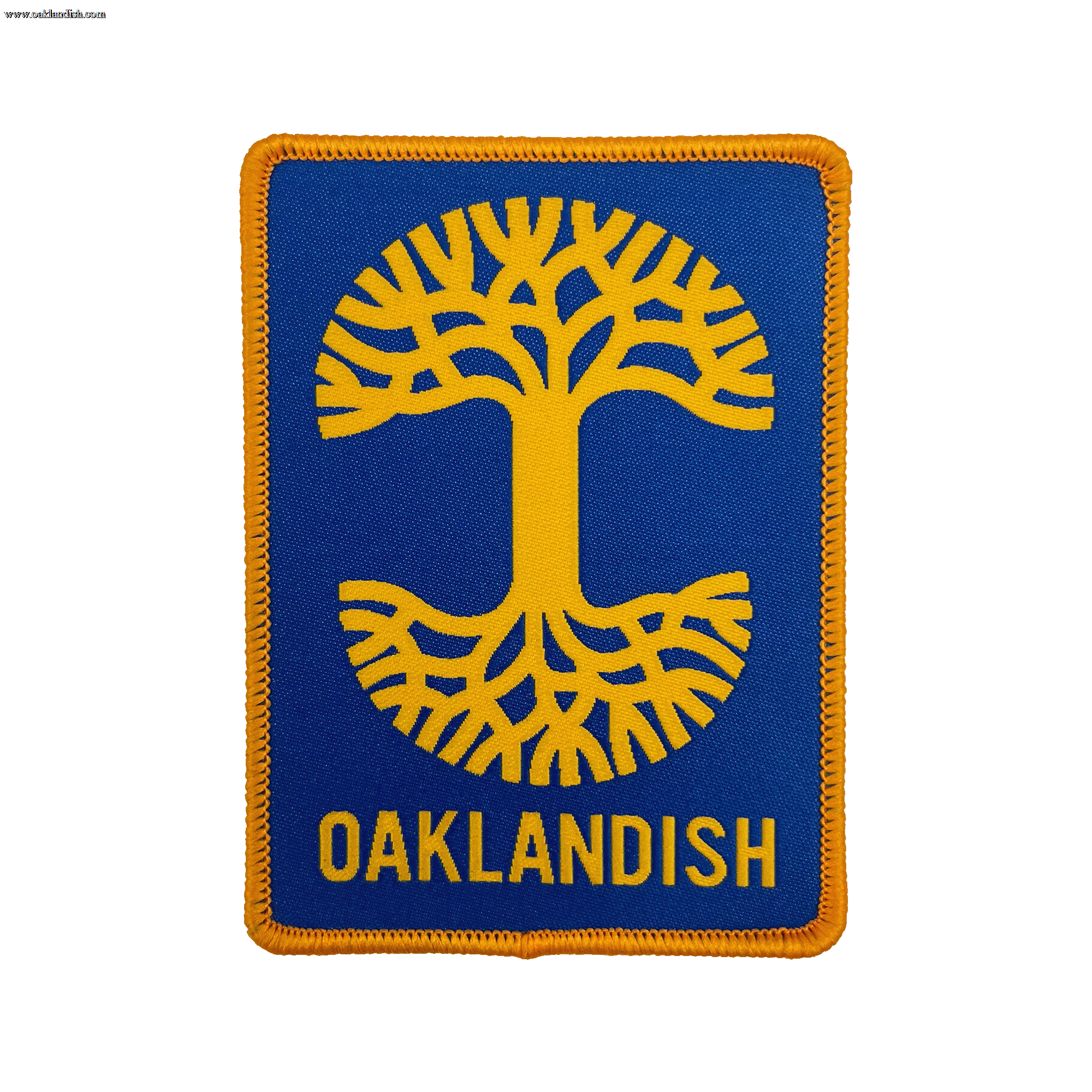 Royal blue woven iron-on patch with gold Oaklandish tree logo and wordmark.