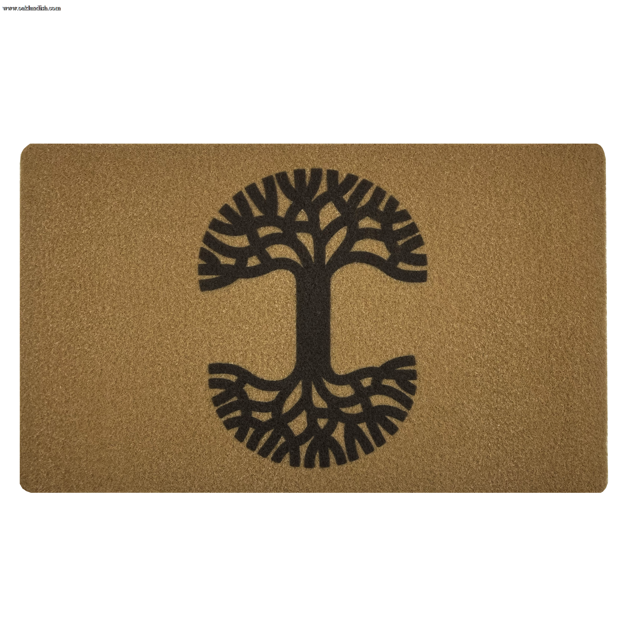 The Oaklandish Logo Door Mat by Oaklandish is a rectangular door mat with a brown background featuring a black tree design in the center. The tree has a prominent trunk, with branches extending upwards and roots spreading outwards, creating a symmetrical, mirrored effect. This mat has a textured surface for effective dirt removal and an anti-slip backing for stability indoors or outdoors.