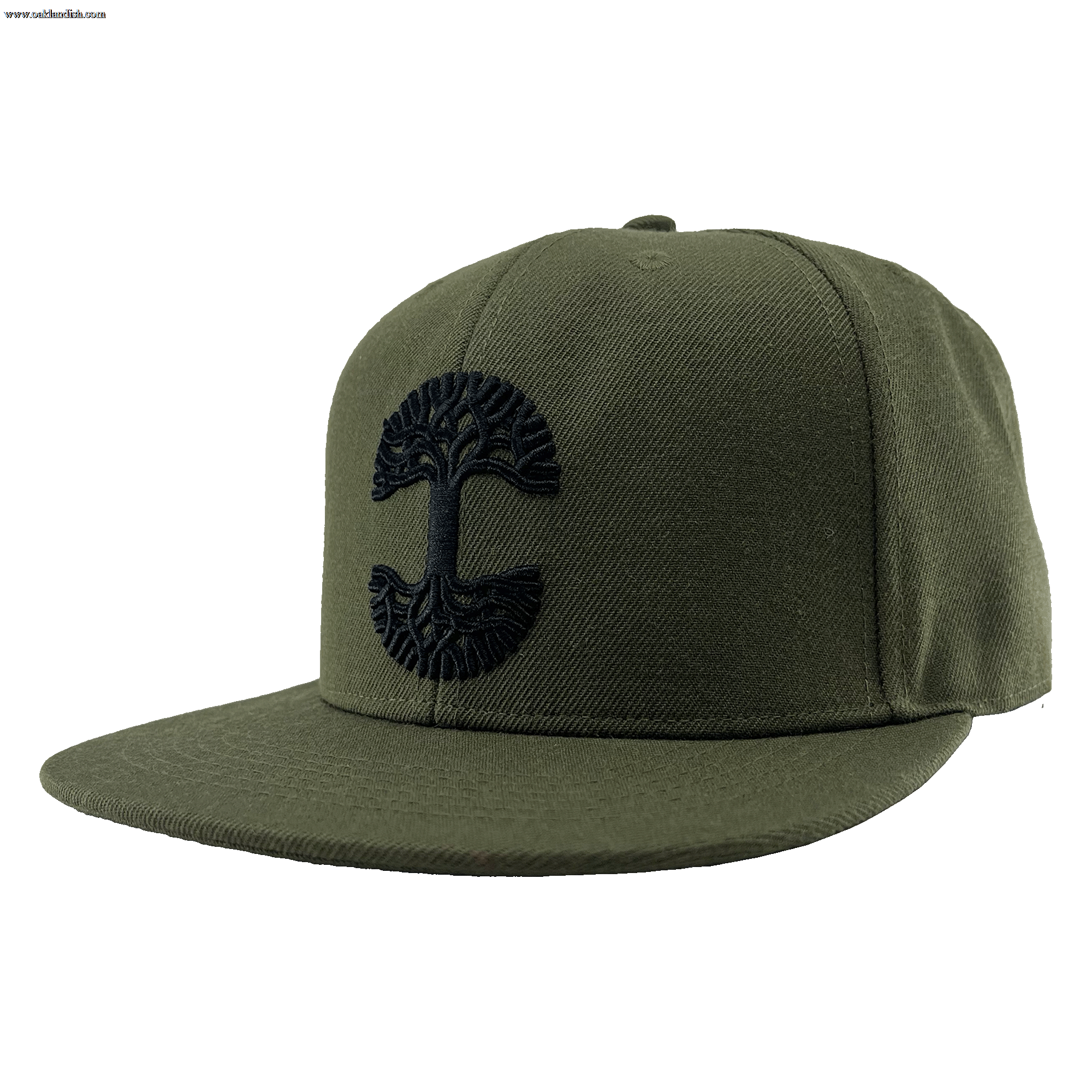 The Old English Aft Snapback is an olive green hat with a flat brim, showcasing an intricate black Oaklandish tree logo embroidered on the front center. This cap features a structured crown, adjustable snapback closure, and appears new and unworn, all set against a transparent background.
