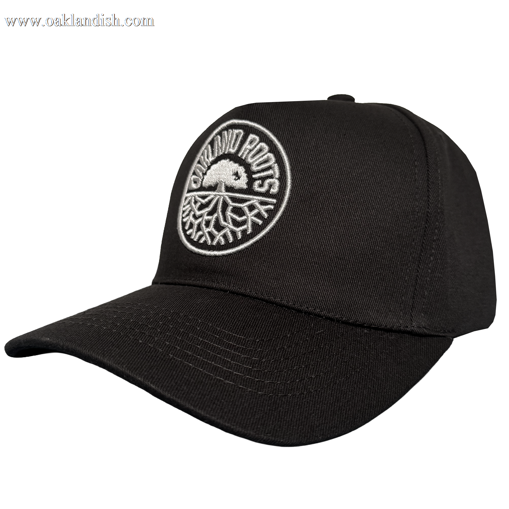 The ORSC 5 Panel Hat by Oakland Roots SC is a black cap with a curved brim, featuring a white tree patch and “Outland Roots” text. Inspired by Oakland Roots Sports Club, it's ideal for fans. Plain white background.