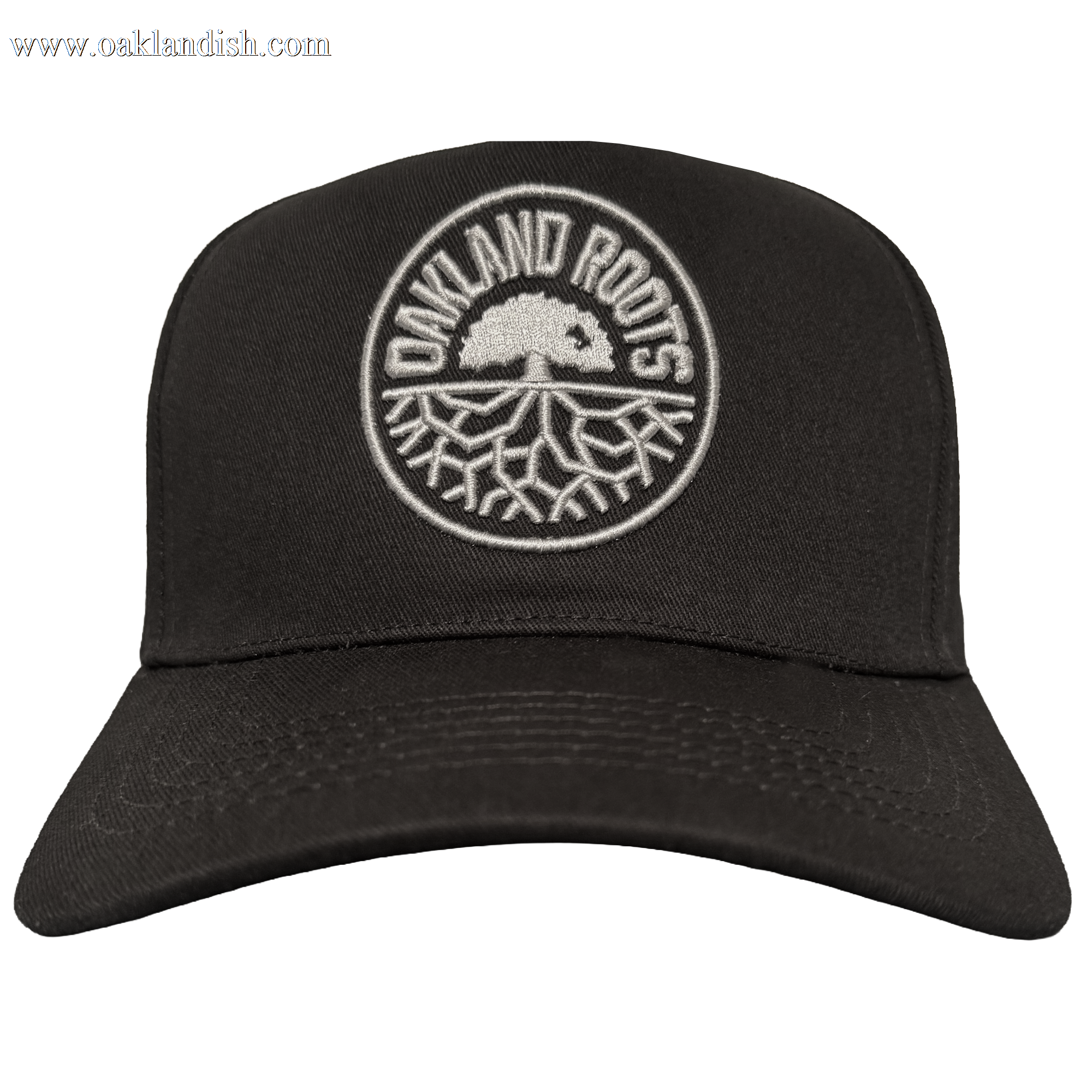 The ORSC 5 Panel Hat by Oakland Roots SC is a black cap featuring a white circular logo with a tree and bold "OAKLAND ROOTS" lettering, making it the perfect accessory for Oakland sports fans.