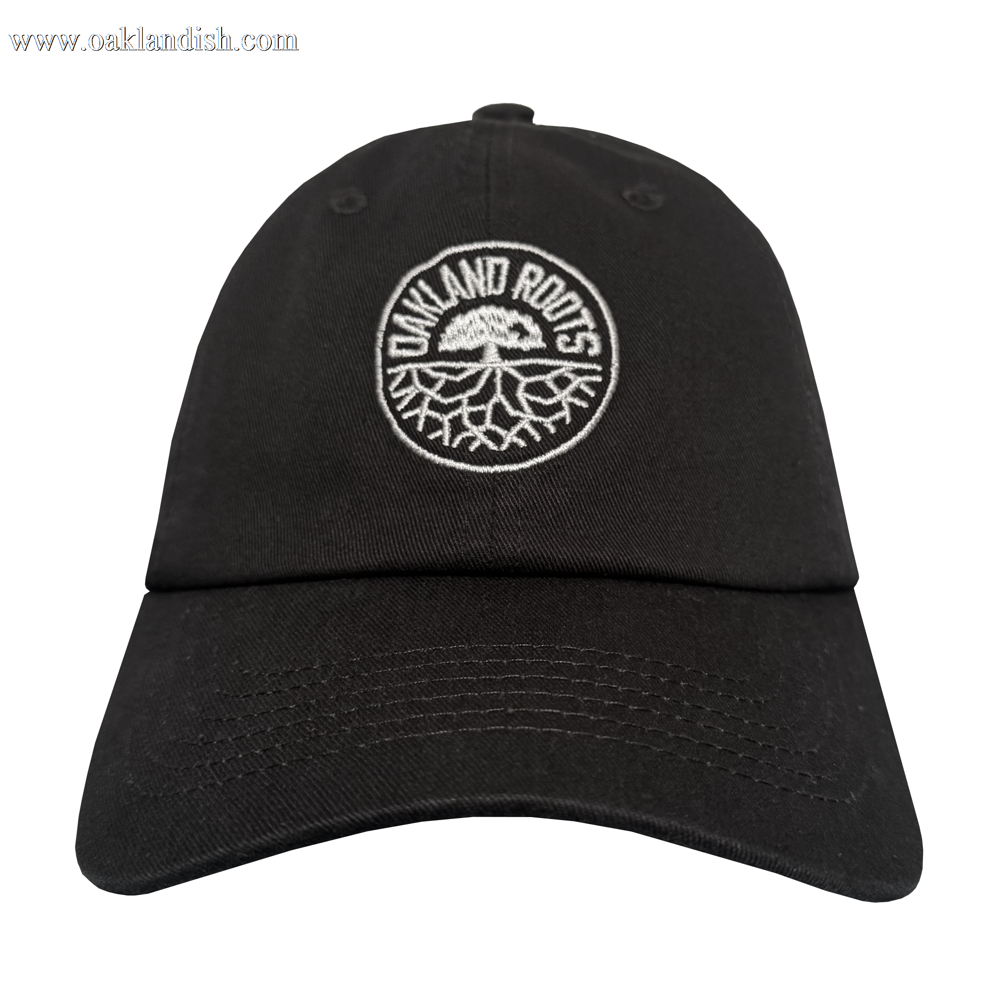 The ORSC Dad Hat by Oakland Roots SC is a black cap with visible stitching and a curved brim, featuring the "Oakland Roots" logo—white "OAKLAND ROOTS" text above a tree root graphic within a circular border—embroidered on the front.