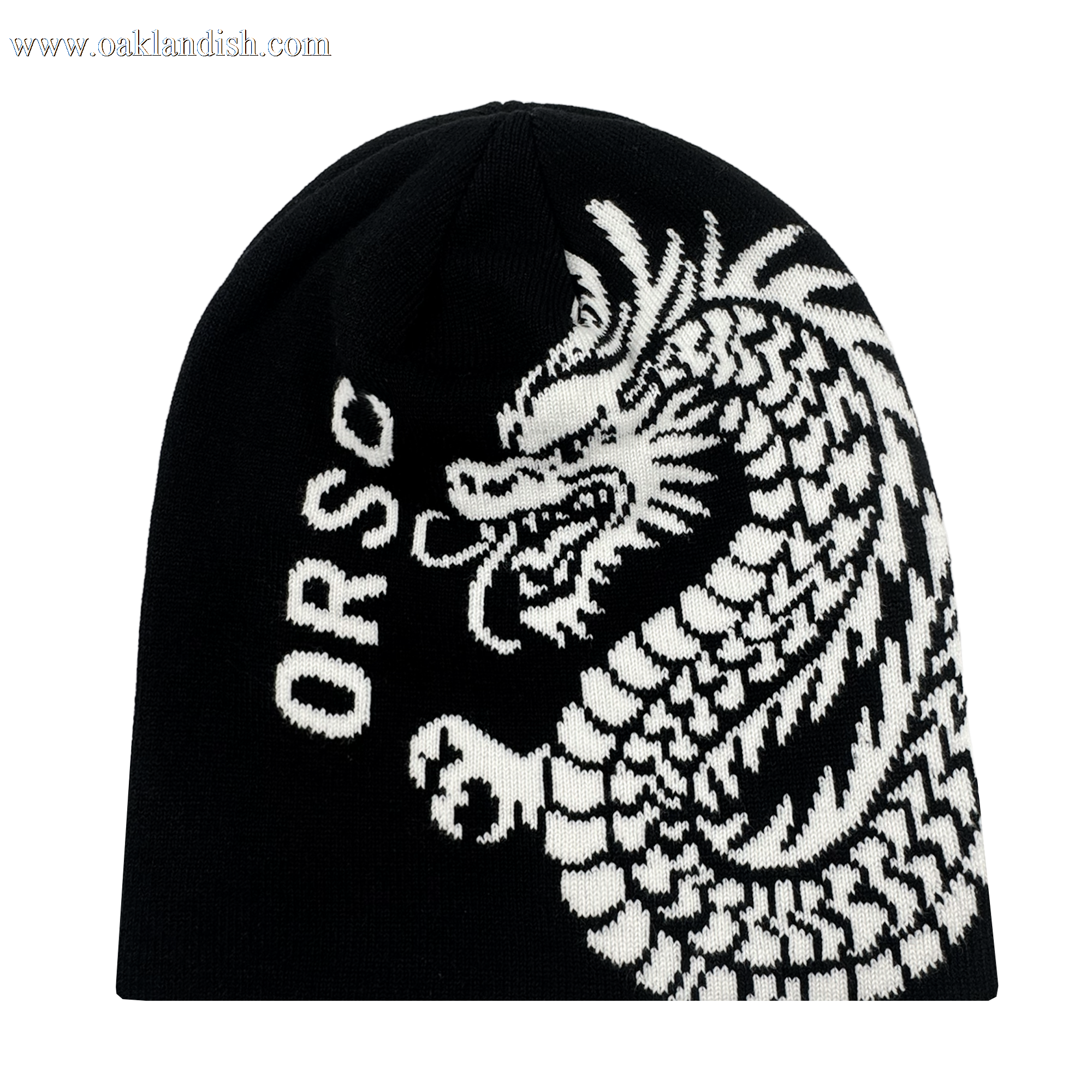 The Oakland Roots SC ORSC Dragon Skully is a black knit beanie with a bold white dragon on one side and "ORSC" vertically on the other, honoring Roots SC & Soul and classic Oakland Roots Sports Club style.