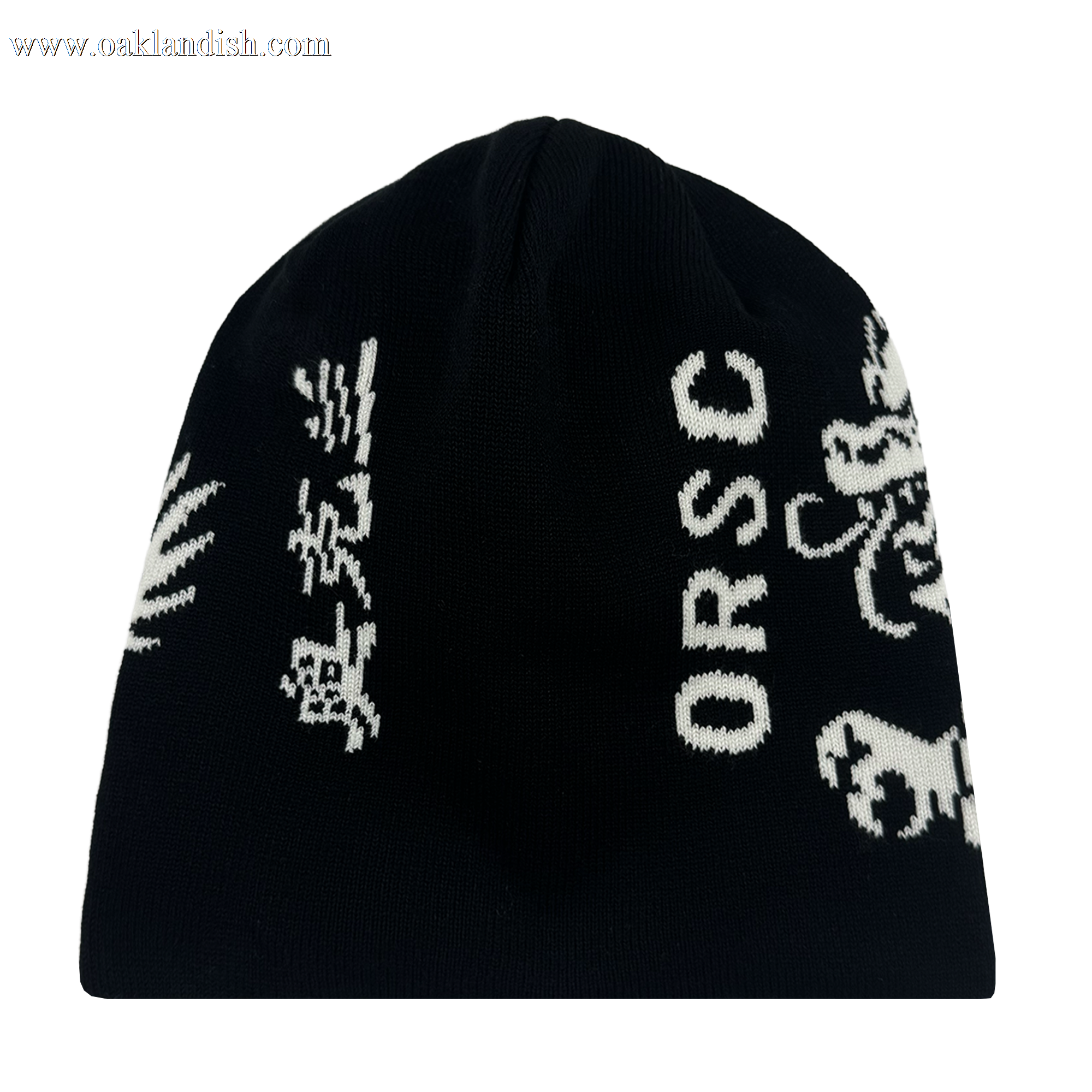 The ORSC Dragon Skully by Oakland Roots SC is a black knit beanie with white graphic designs, including "ORSC" lettering, stylized Asian characters, and abstract shapes. Inspired by Roots SC & Soul, it is shown on a white background.