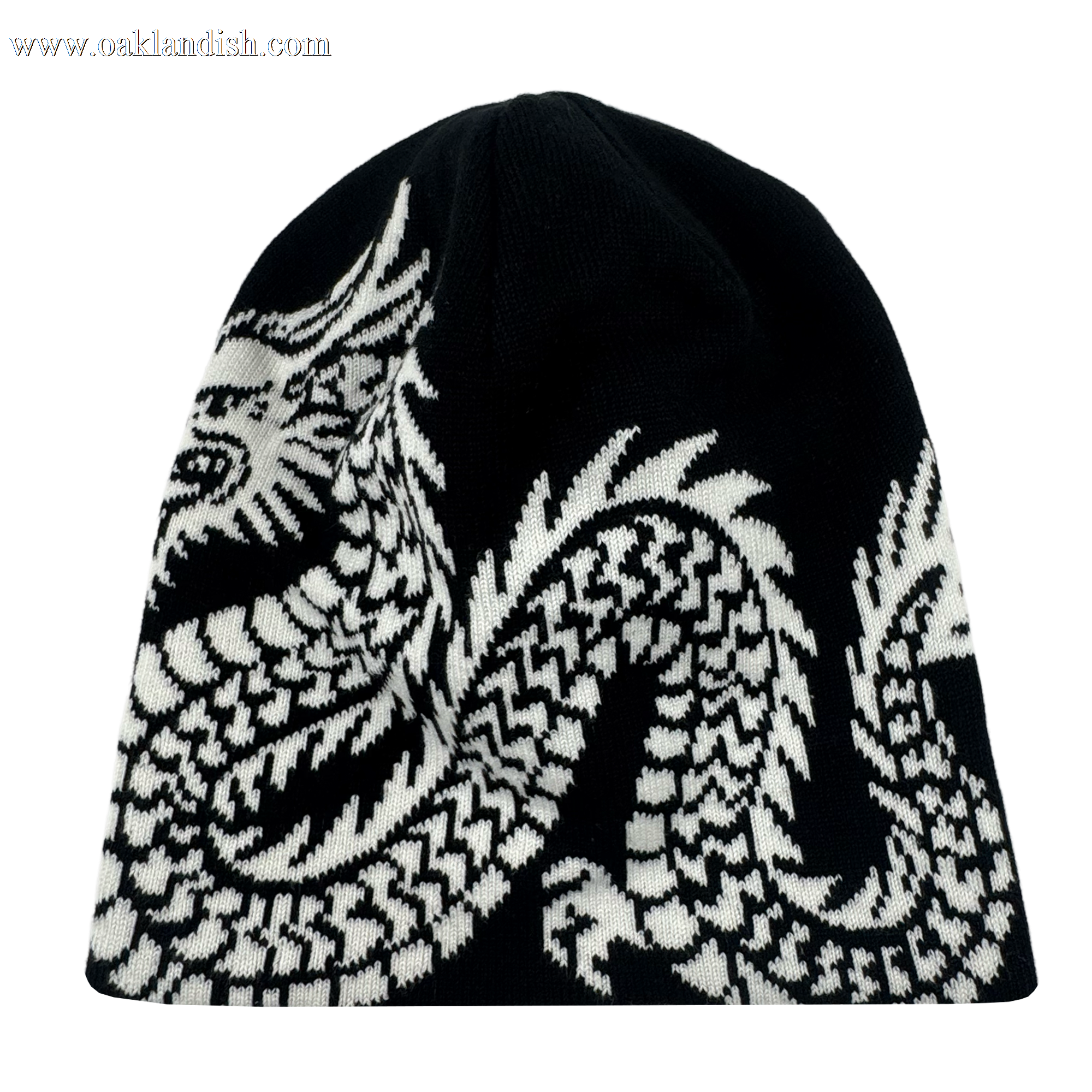The Oakland Roots SC ORSC Dragon Skully is a black beanie featuring a bold white dragon design wrapped around the hat, with intricate details contrasting sharply against the solid background.
