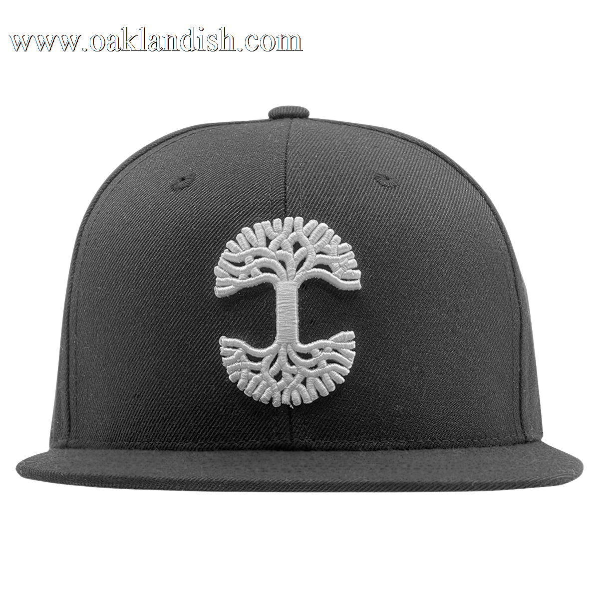 The Oaklandish Classic Snapback by Oaklandish is a black hat featuring a white embroidered tree logo with evenly spreading branches on the front. The design includes a flat brim, a button on top, and visible stitching details on the crown and brim.