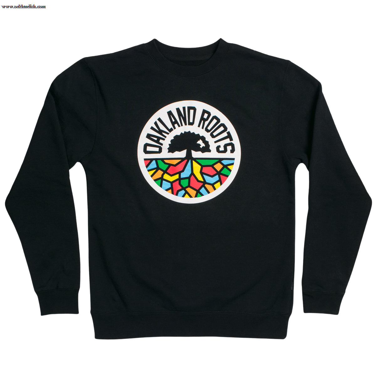 Full-color ROOTS SC mosaic circle logo on the chest of a black crew neck sweatshirt.