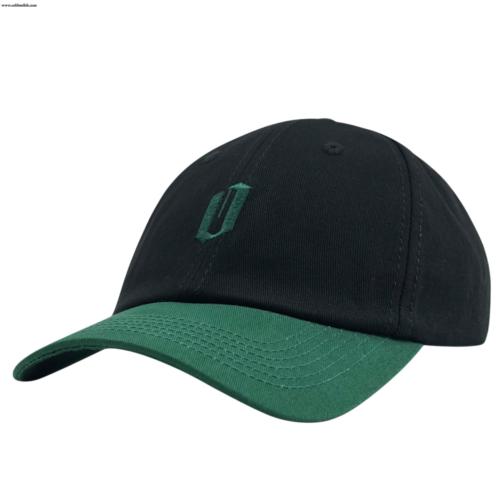 Introducing the Official Micro Logo Dad Hat by Oaklandish: a sleek black dad hat with a green visor. This cap showcases a minimalist embroidered "O" in matching green on the front, blending style with simplicity. Visible stitching on its panels and brim adds an element of detail to its overall design, making it quintessentially Oaklandish.