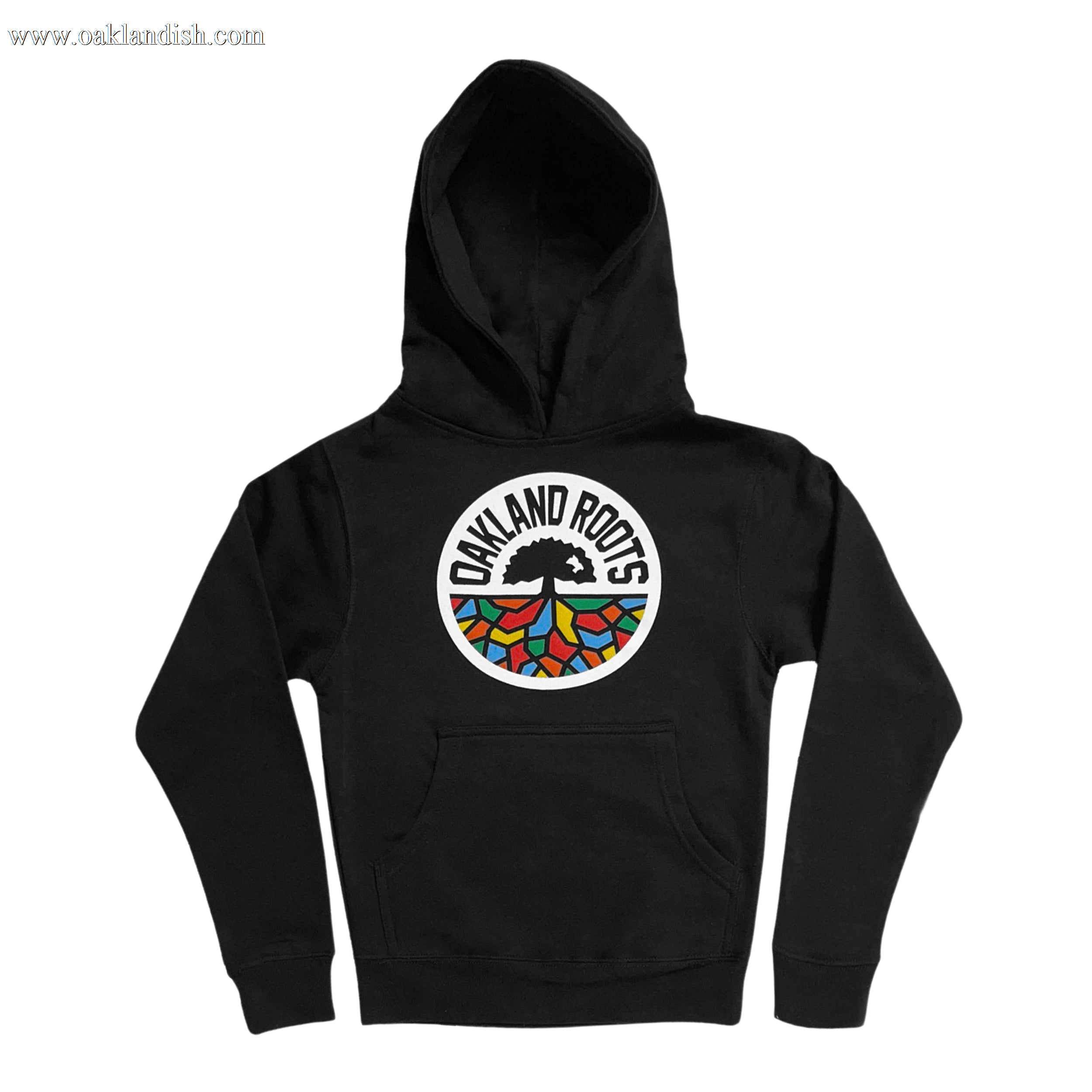 An Oakland Roots SC youth pullover hoodie in black, featuring a front pocket. The hoodie showcases a circular tree logo with vibrant, colorful roots and the text "OAKLAND ROOTS," embodying its Oaklandish design.