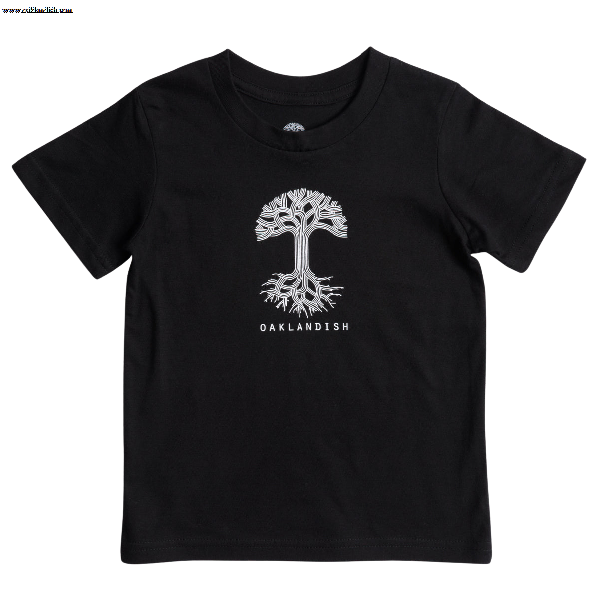 The Toddler Oaklandish Classic Logo Tee by Oaklandish is a black t-shirt featuring a white stylized tree graphic prominently on the front center. Below the tree, "OAKLANDISH" is printed in bold white capital letters. Made from 100% cotton, this comfy and stylish shirt provides an eye-catching contrast with its plain black background.