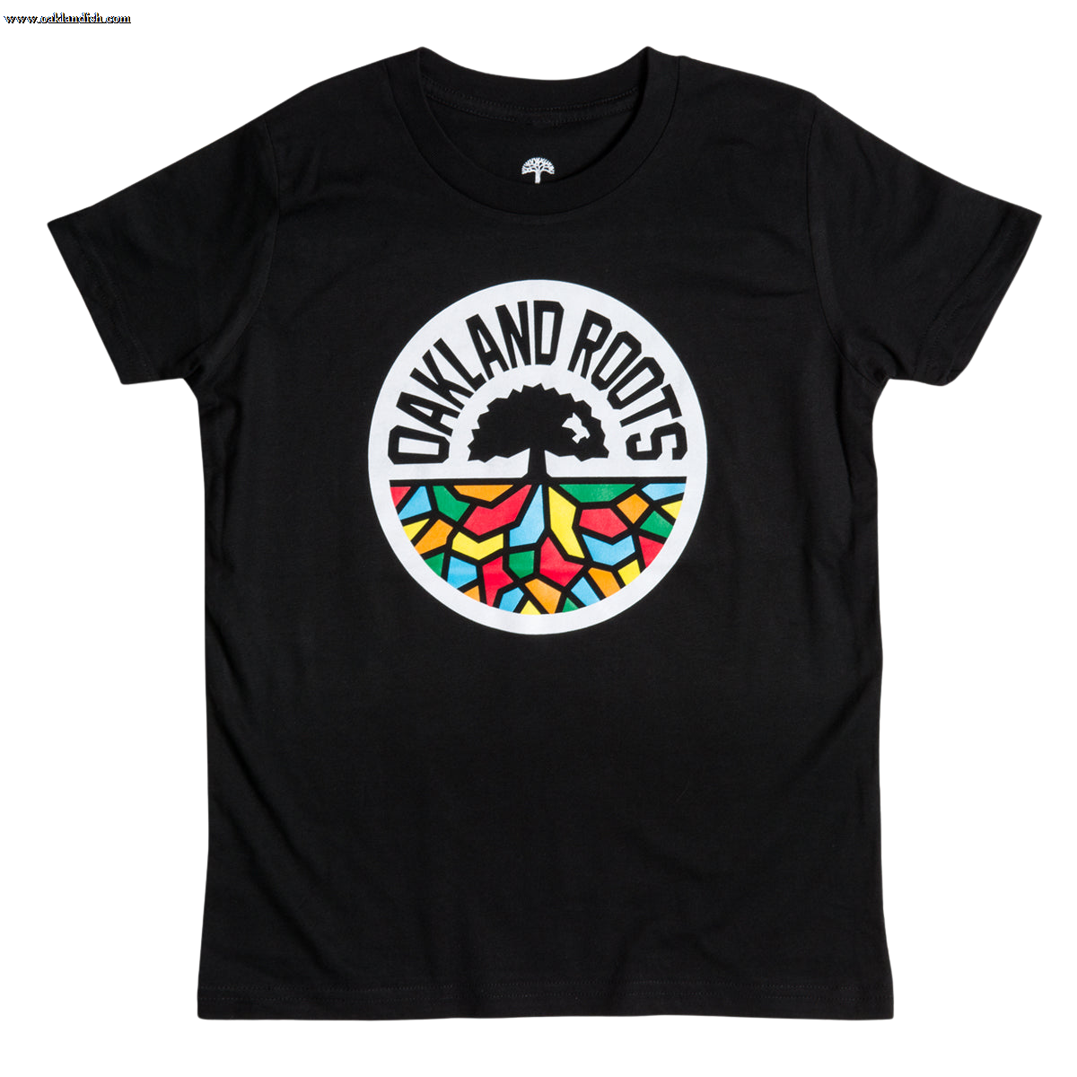 Youth Oakland Roots SC Classic Tee in black, featuring a central circular logo with the words "OAKLAND ROOTS." The logo, inspired by Oaklandish artistry, showcases an abstract tree with roots extending into a vibrant mosaic pattern in red, yellow, blue, and green. Ideal for fans of Oakland Roots Sports Club.