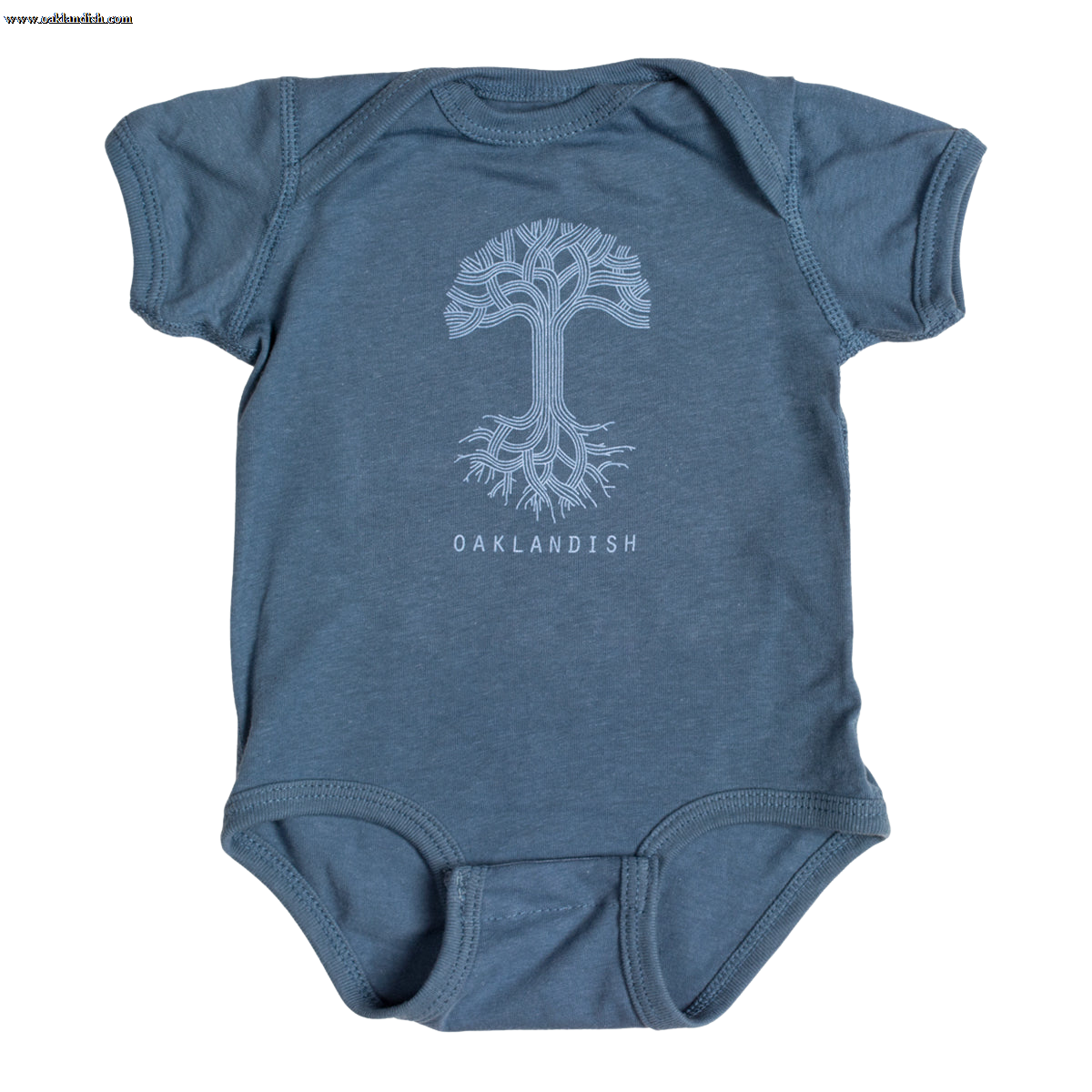 This Infant Oaklandish Classic Logo One-Piece by Oaklandish is a blue baby romper crafted from soft cotton. It features a white graphic of an intricately designed tree with symmetrical roots and branches, along with "OAKLANDISH" printed in white capital letters below the tree. The kids' onesie comes with short sleeves and leg openings that include snap closures.