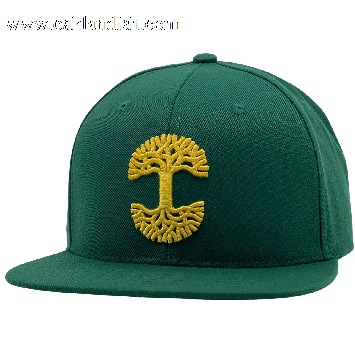 The Oaklandish Classic Snapback by Oaklandish is a dark green hat with a flat brim, featuring a prominent yellow embroidered tree emblem on the front panel. This emblem showcases a symmetrical, stylized design, while the snapback itself boasts meticulous stitching details on both the crown and brim.