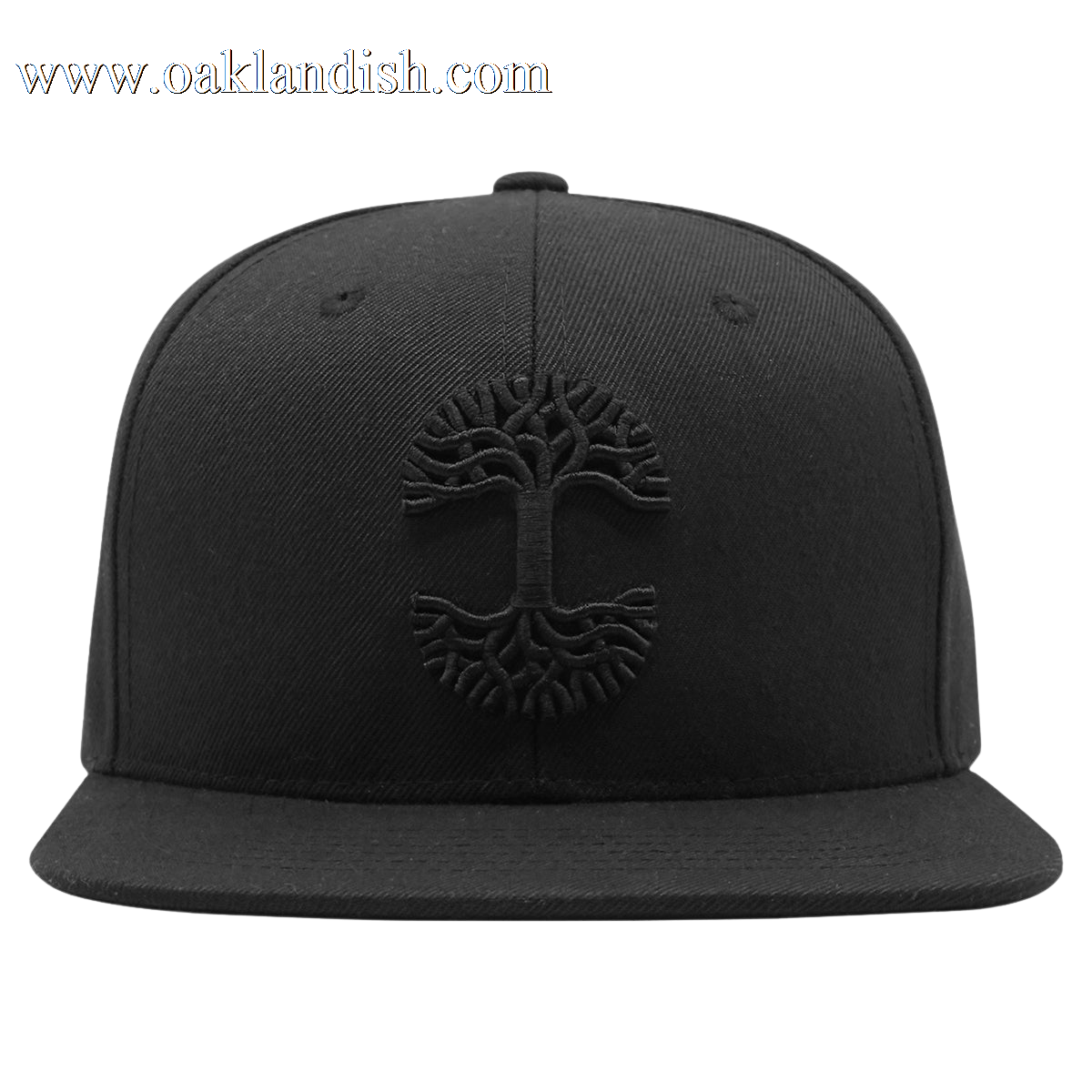 The Oaklandish Classic Snapback by Oaklandish features an embroidered black tree emblem on the front, with intricate roots and branches forming a circular pattern. This stylish headwear boasts a flat brim and is set against a plain white background.