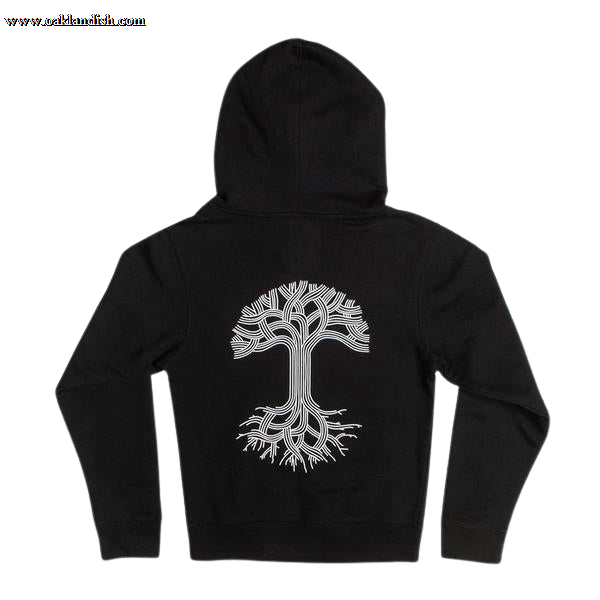 The Youth Classic Hoodie from Oaklandish is a kids' size black hoodie, featuring a white tree design on the back with intricate branches and roots forming a symmetrical pattern. Designed for Oakland's youngsters, it comes with long sleeves and a hood, laid flat against a plain white background to highlight the design.