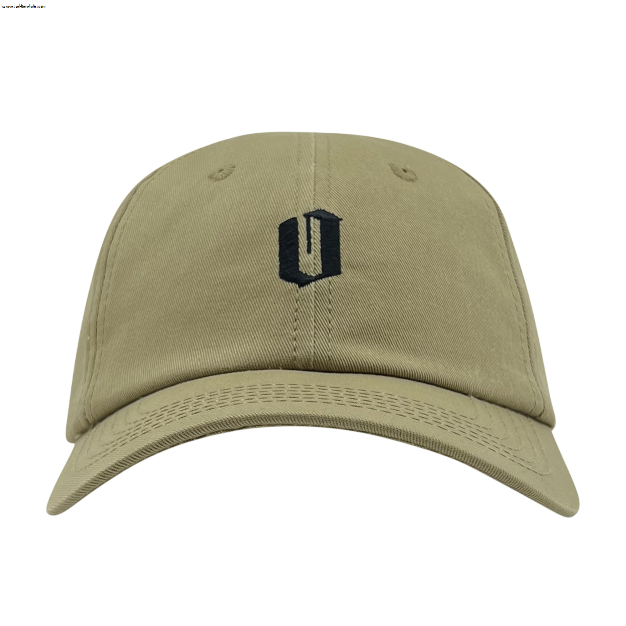 An Official Micro Logo Dad Hat from Oaklandish with a curved brim is centered in the image. The khaki-colored cap features an embroidered black "U" logo on the front and an adjustable strap at the back. The plain white background highlights the details and color of this stylish hat.