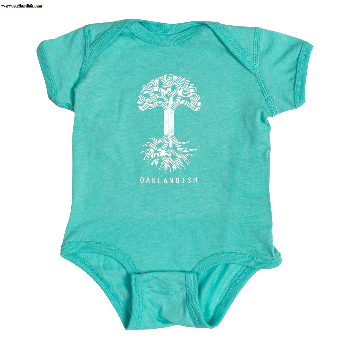The Infant Oaklandish Classic Logo One-Piece by Oaklandish is a teal, 100% cotton short-sleeve romper featuring a round neckline and snap closures at the bottom. It showcases a white graphic of a tree with roots extending downward, with "OAKLANDISH" printed in white capital letters below the tree.