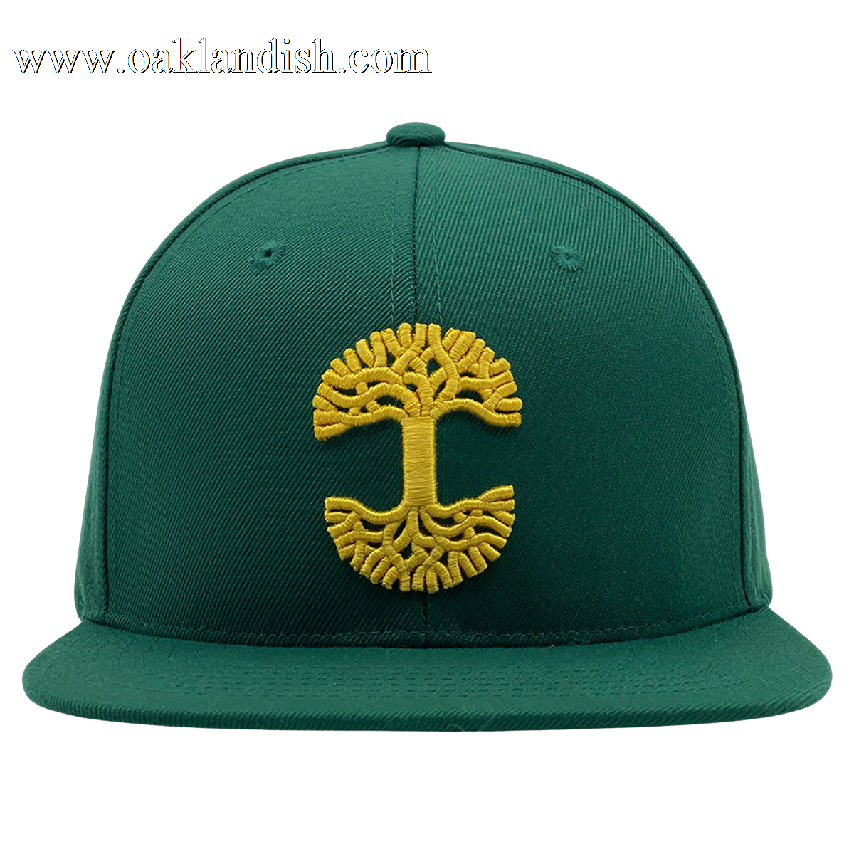 The Oaklandish Classic Snapback by Oaklandish is a green flat-brim cap adorned with a striking yellow embroidered design of a stylized tree, with its branches forming the letter "C" on the front. The cap is made from a durable, textured fabric.