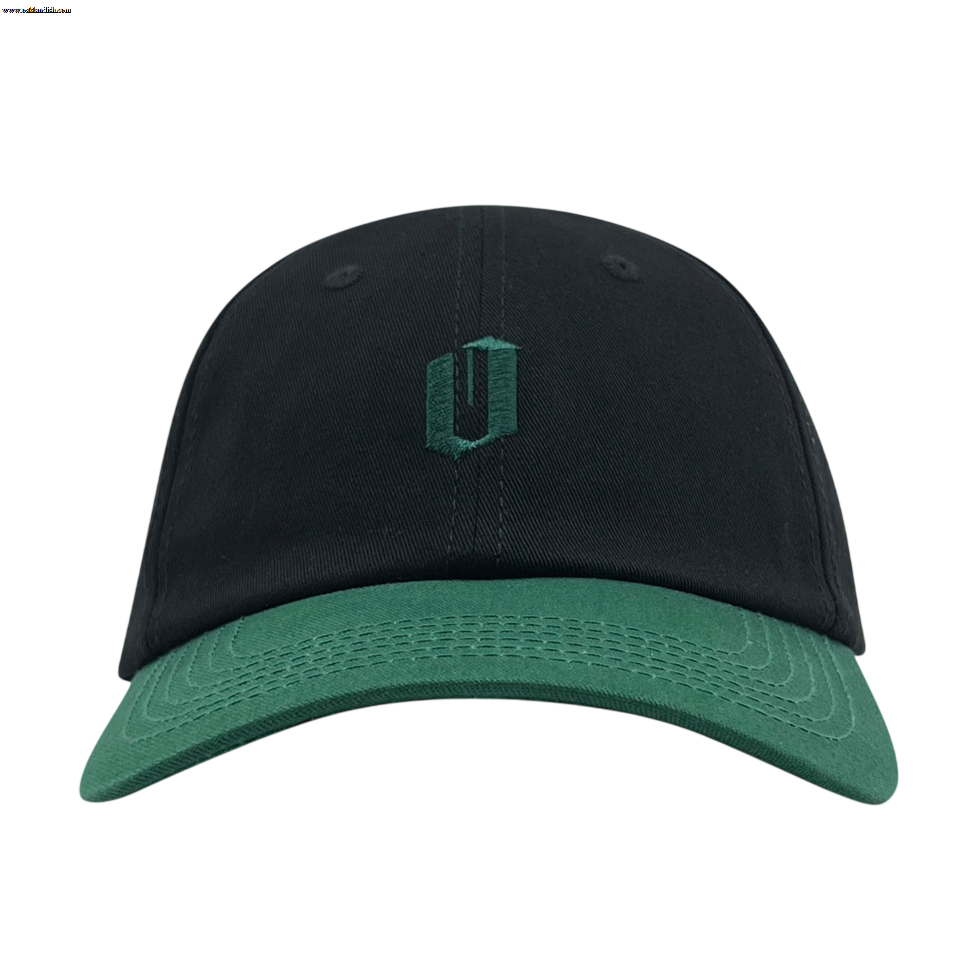 The Official Micro Logo Dad Hat from Oaklandish is a black cap featuring a dark green brim and an embroidered dark green, stylized "U" emblem on the front. Its minimalist design without any additional embellishments or logos makes it perfect for those who appreciate subtle style.