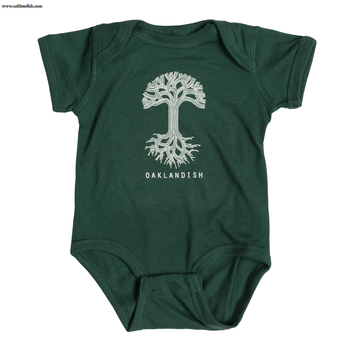 The Infant Oaklandish Classic Logo One-Piece by Oaklandish is a green baby romper showcasing a white, stylized tree with intricately designed roots and branches. Beneath the tree, "OAKLANDISH" is printed in bold, white capital letters. Crafted from soft ring-spun cotton, this short-sleeved one-piece features reinforced snap closures at the bottom for convenience.