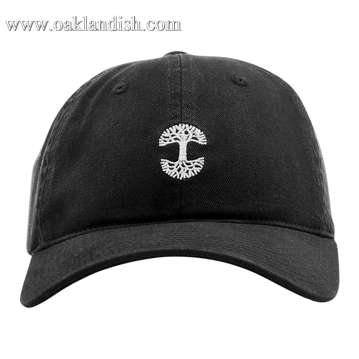 The Micro Logo Dad Hat by Oaklandish is a black dad hat featuring an embroidered white Oaklandish logo at the center front. The stylized, symmetrical tree design resembles a detailed artistic depiction with branches extending outward. The cap has a curved brim, stitching details on the panels, and an adjustable strap back for a perfect fit.